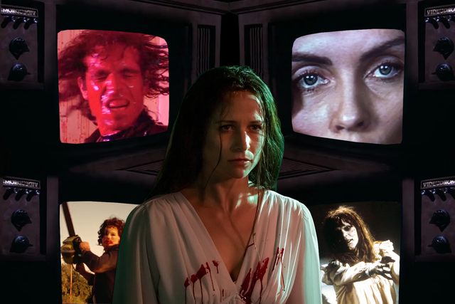 <p>Niamh Algar in ‘Censor’ (centre), and scenes from (clockwise from top right) ‘Videodrome’, ‘The Exorcist’, ‘The Texas Chain Saw Massacre’ and ‘The Driller Killer'</p>