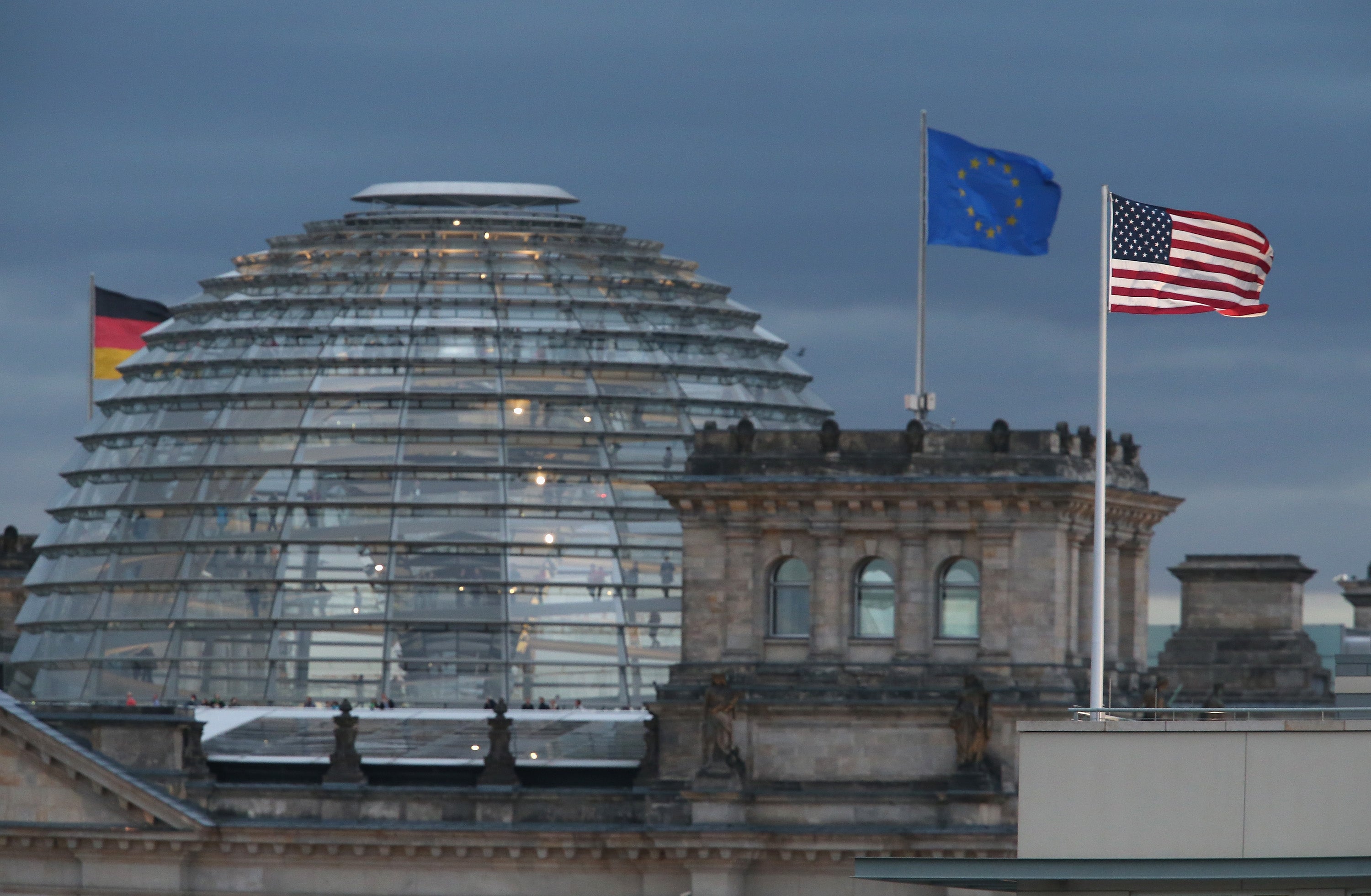 <p>The US Embassy (R) stands near the Reichstag, seat of the Bundestag, in Berlin, Germany. </p>