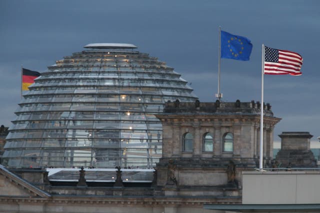 <p>The US Embassy (R) stands near the Reichstag, seat of the Bundestag, in Berlin, Germany. </p>