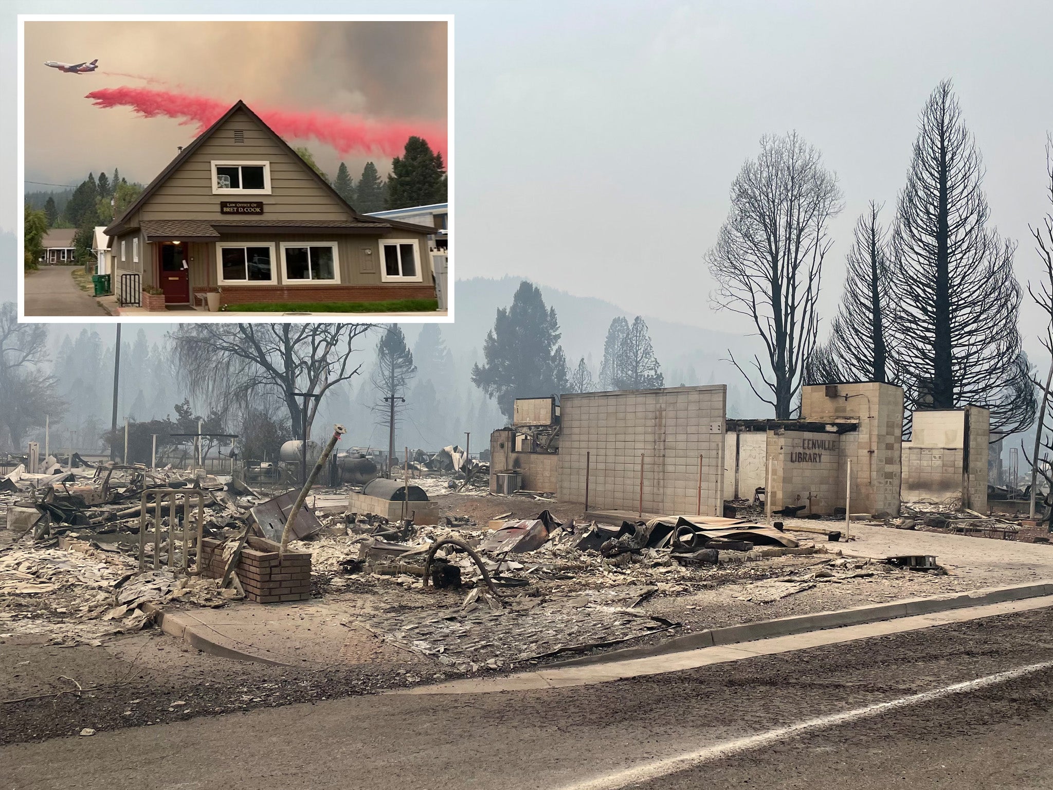 <p>The law office of Bret Cook in Greenville, California before and after the Dixie Fire </p>