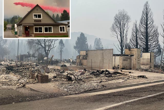 <p>The law office of Bret Cook in Greenville, California before and after the Dixie Fire </p>