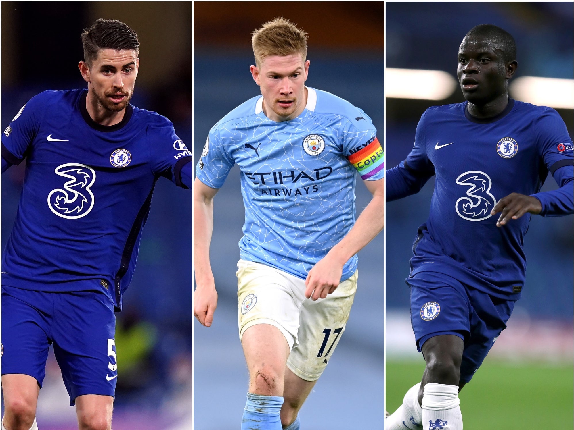 Jorginho, Kevin De Bruyne and N’Golo Kante have been shortlisted for UEFA Men’s Player of the Year (PA)