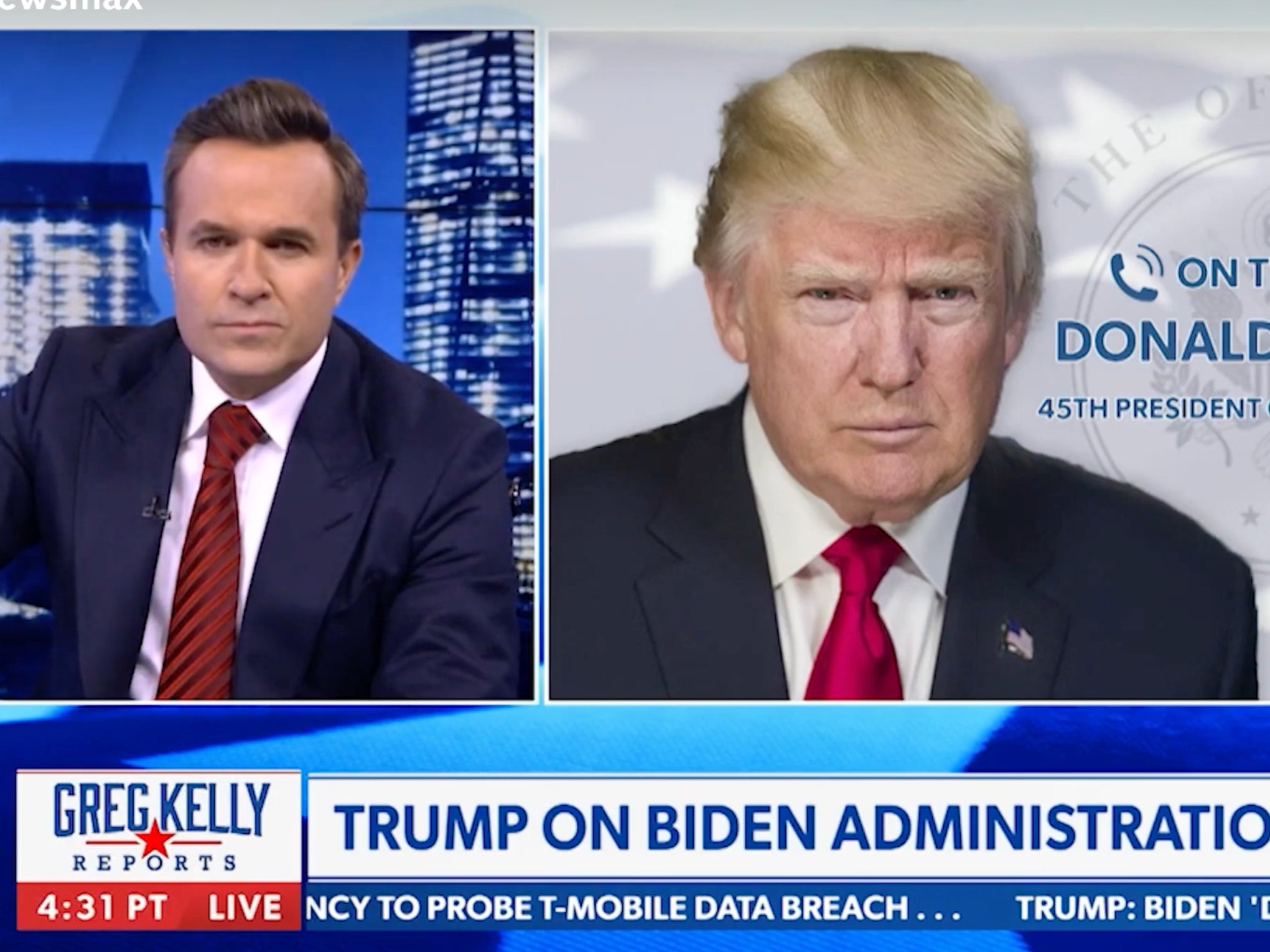 Newsmax anchor Greg Kelly interviewing Donald Trump