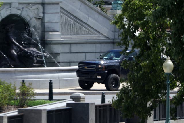 <p> A pickup truck sits outside the Library of Congress, directly across from the U.S. Capitol, on Capitol Hill August 19, 2021 in Washington, DC. A man drove a pickup truck onto the sidewalk outside the Library this morning telling police officers that he had a bomb</p>