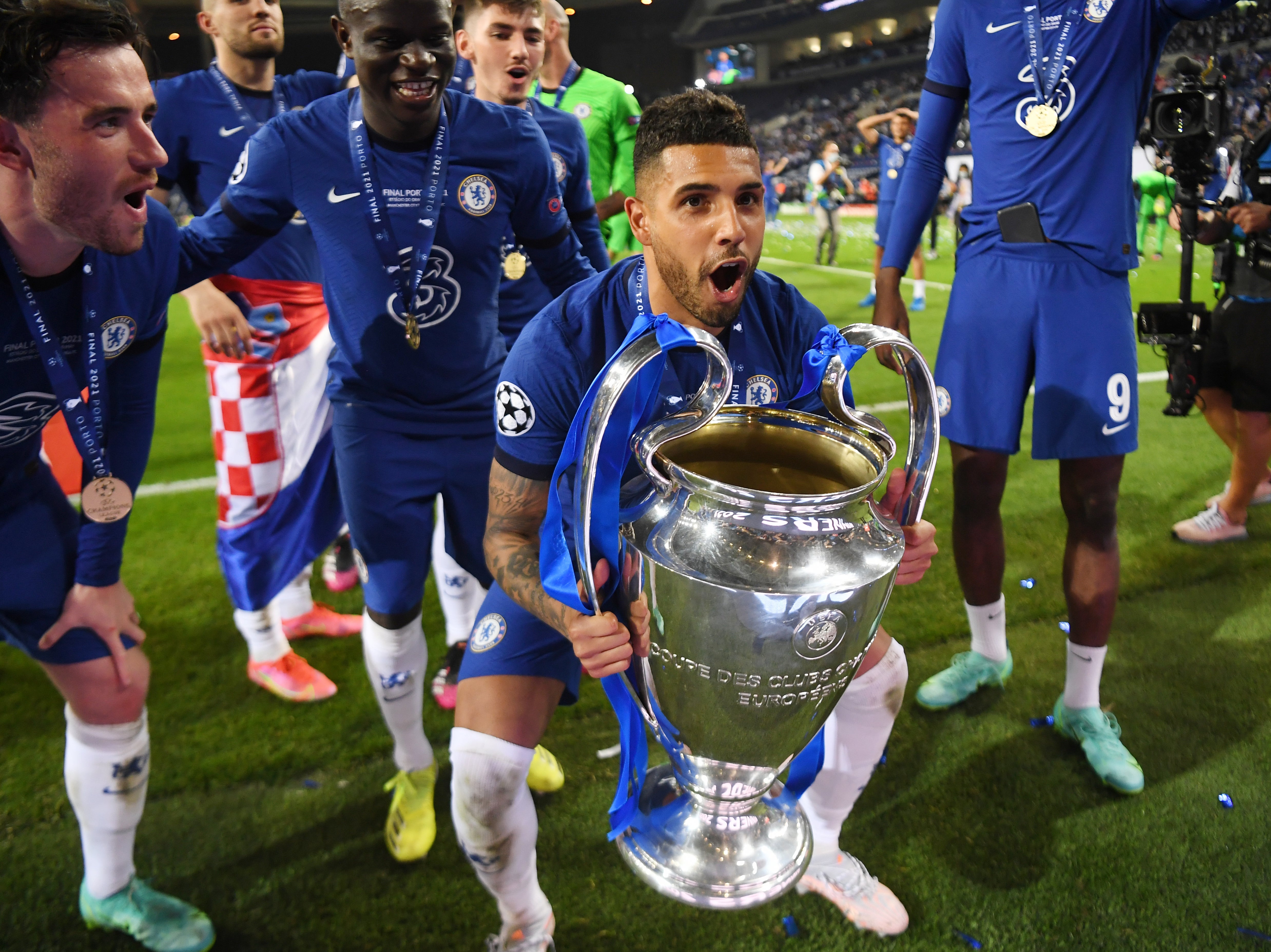 Emerson Palmieri of Chelsea celebrates with the Champions League trophy