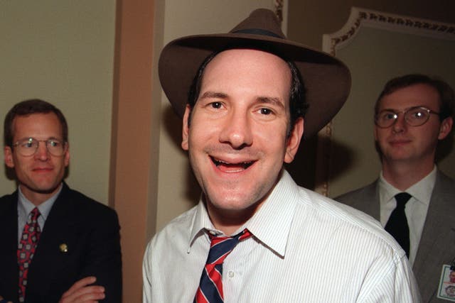 <p>Matt Drudge on Capitol Hill on 8 October 1998 after the US House of Representatives voted to proceed with the impeachment of President Bill Clinton</p>