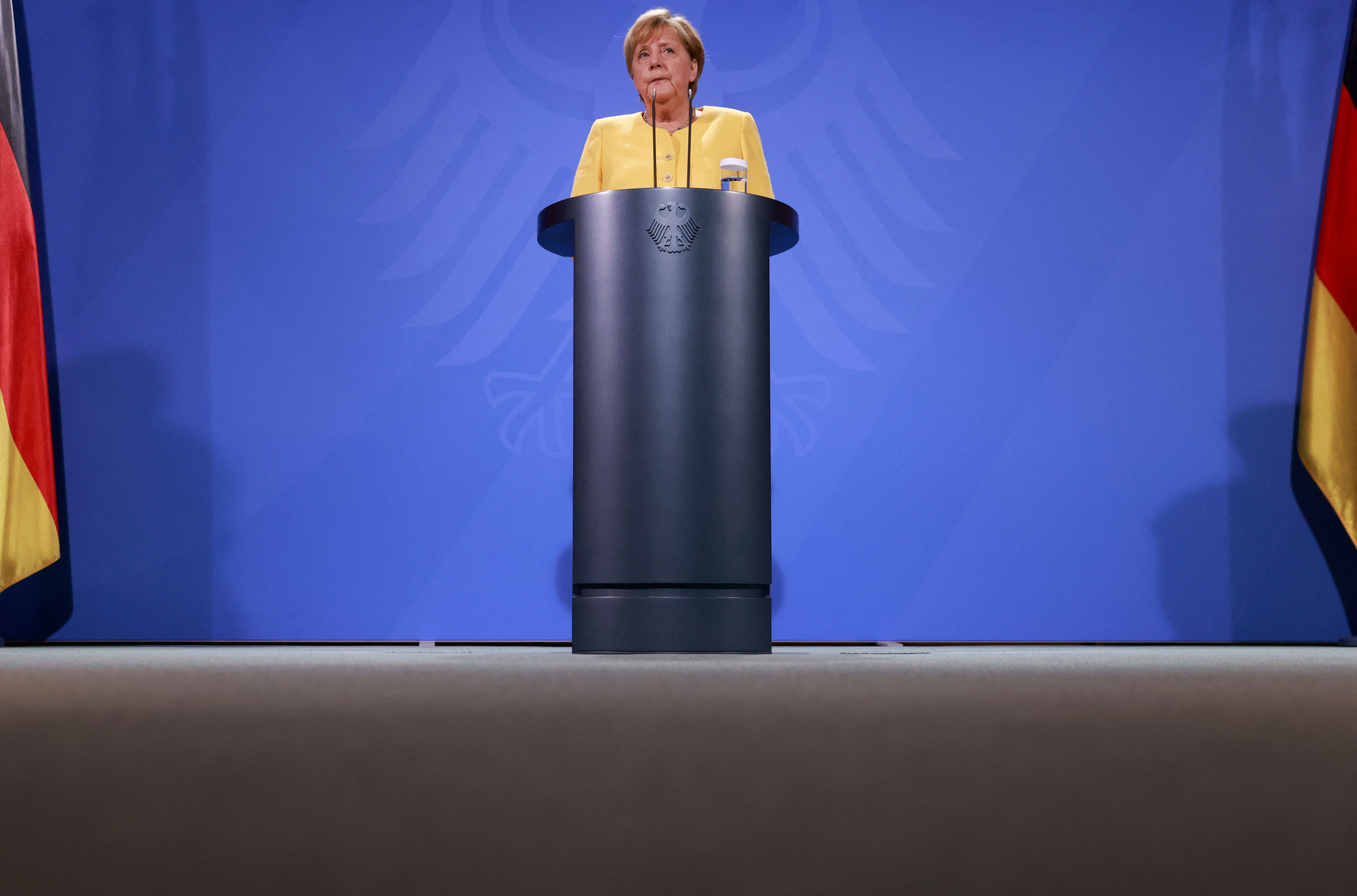 <p>Angela Merkel gives a press statement on developments in Afghanistan on August 16 2021</p>