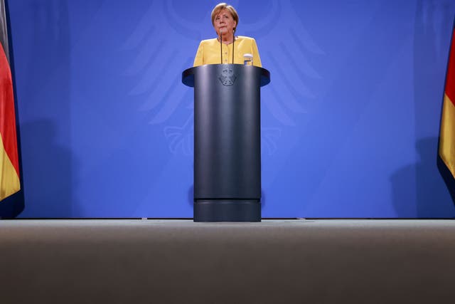 <p>Angela Merkel gives a press statement on developments in Afghanistan on August 16 2021</p>