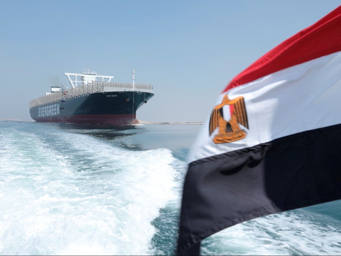 Smooth sailing: the Ever Given in the Suez Canal yesterday