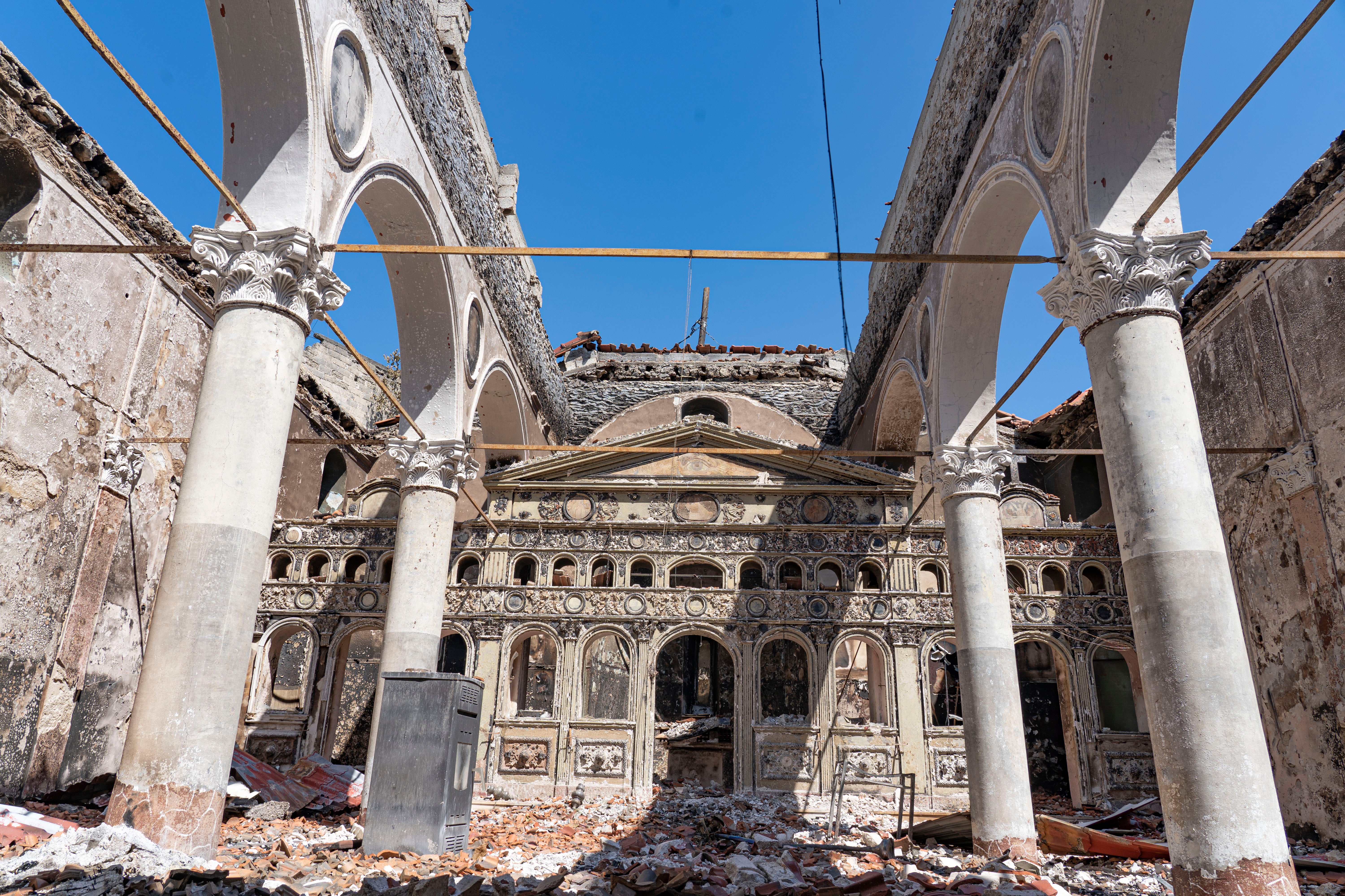 The remains of a church in one of the areas worst affected by the fires