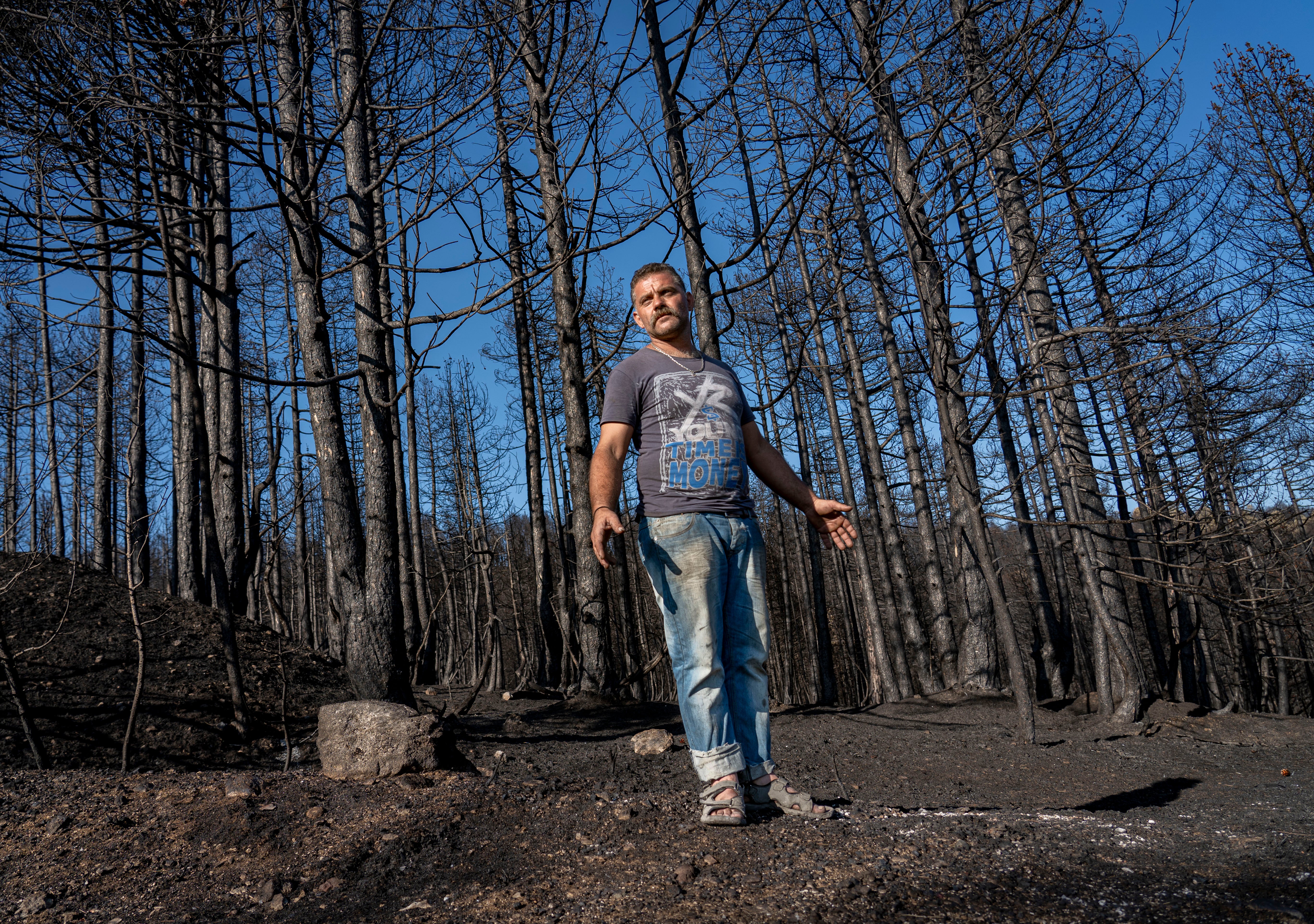 Giorgios stands by the charred remains of his pine trees on Evia island, Greece