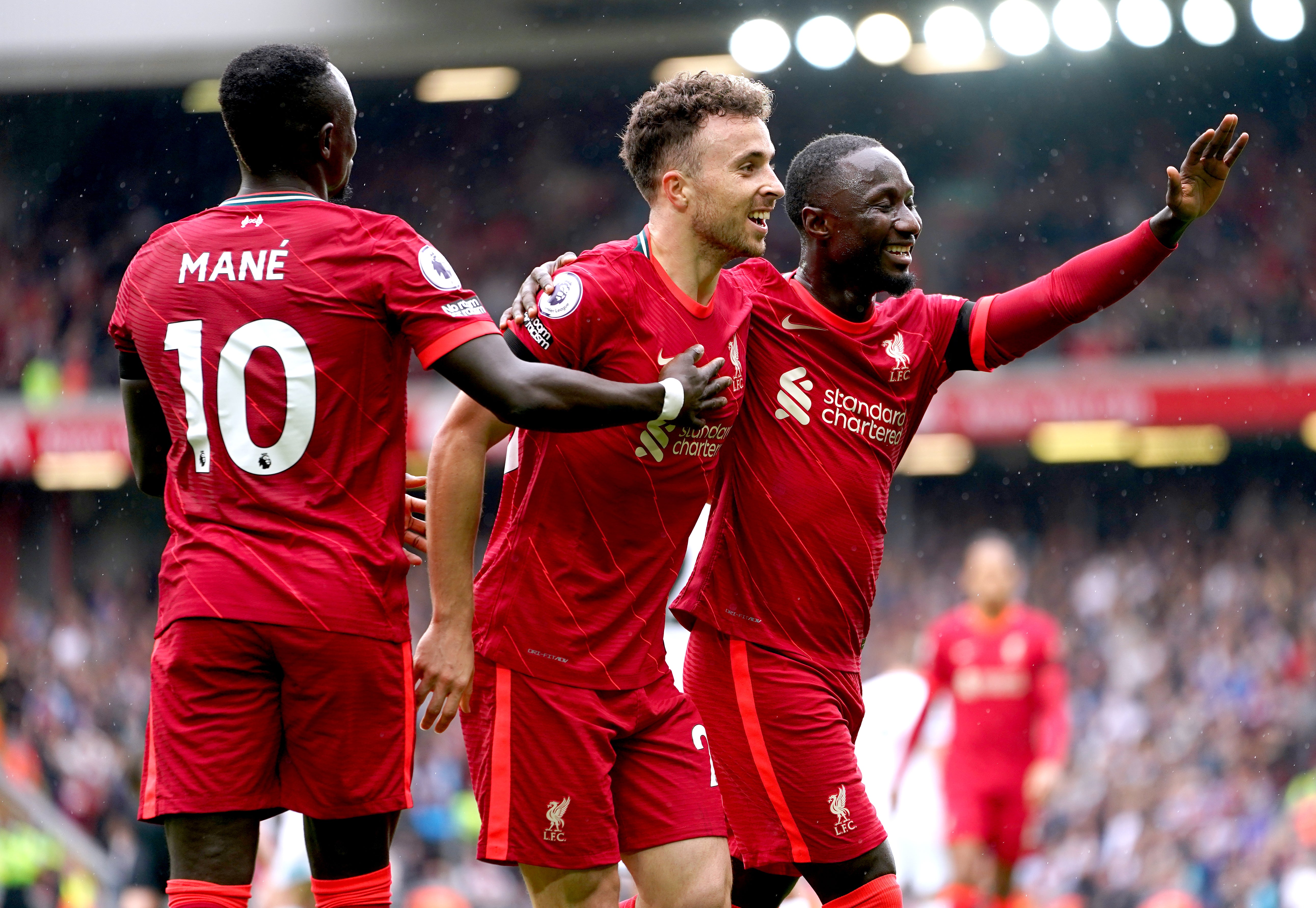 Liverpool’s Diogo Jota (centre) celebrates after scoring the opener in the defeat of Burnley