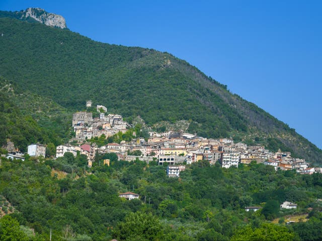 <p>Panoramic view of Maenza, a medieval town in the mountains of the Lazio region, Italy</p>
