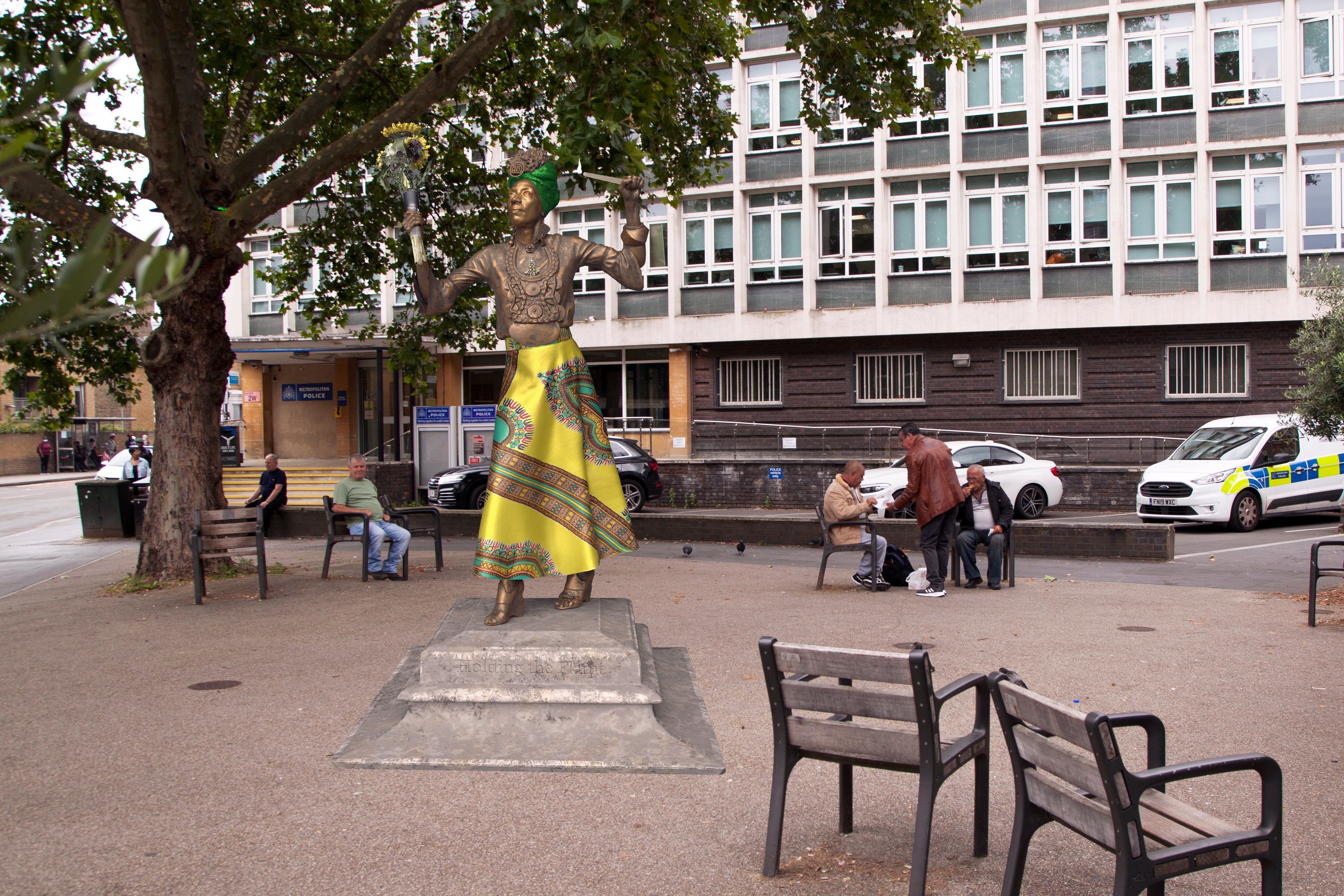 <p>Virtual statue of campaigner Marcia Rigg outside Brixton police station in south London</p>