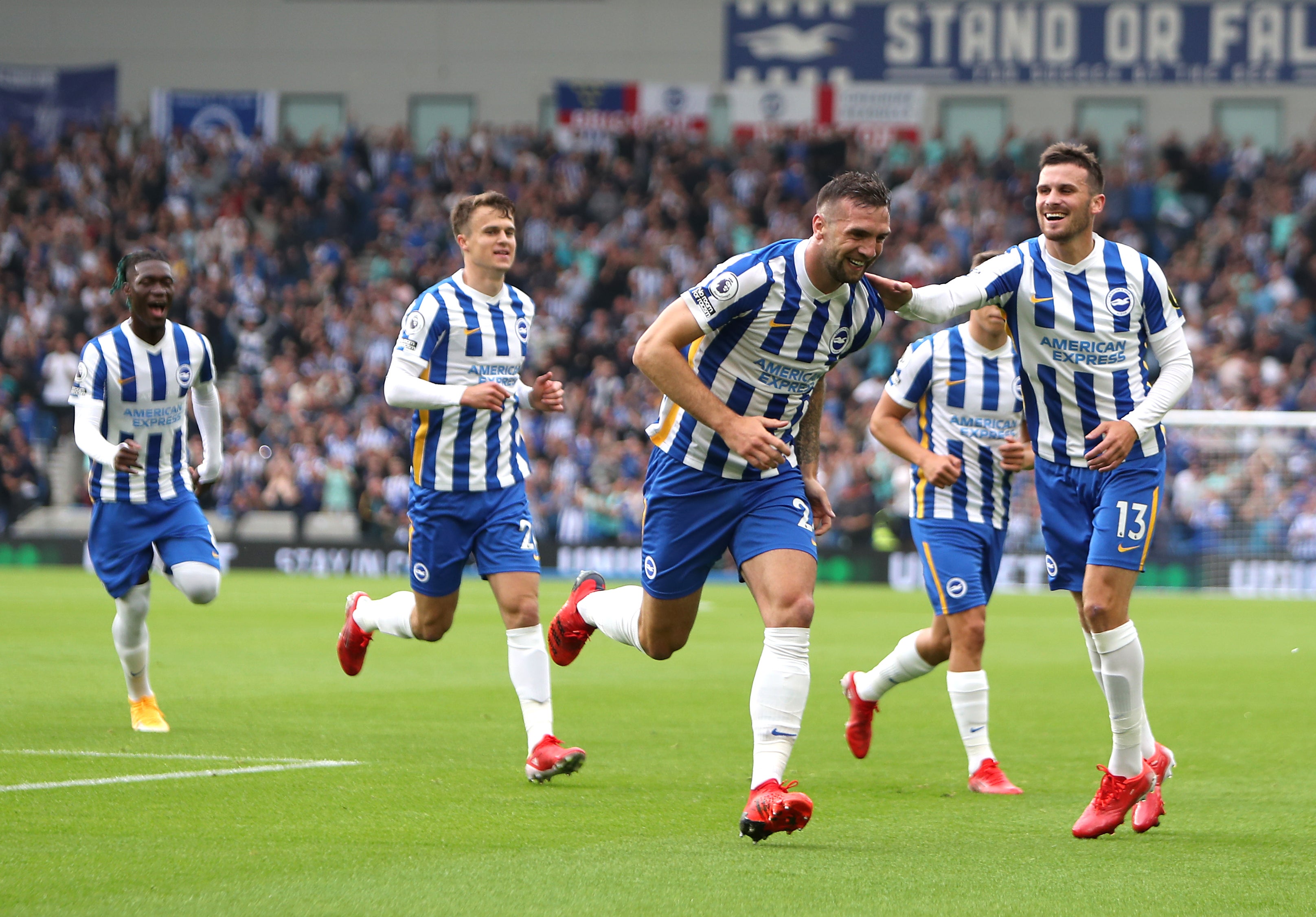 Brighton’s Shane Duffy celebrates scoring the opening goal (Kieran Cleeves/PA)