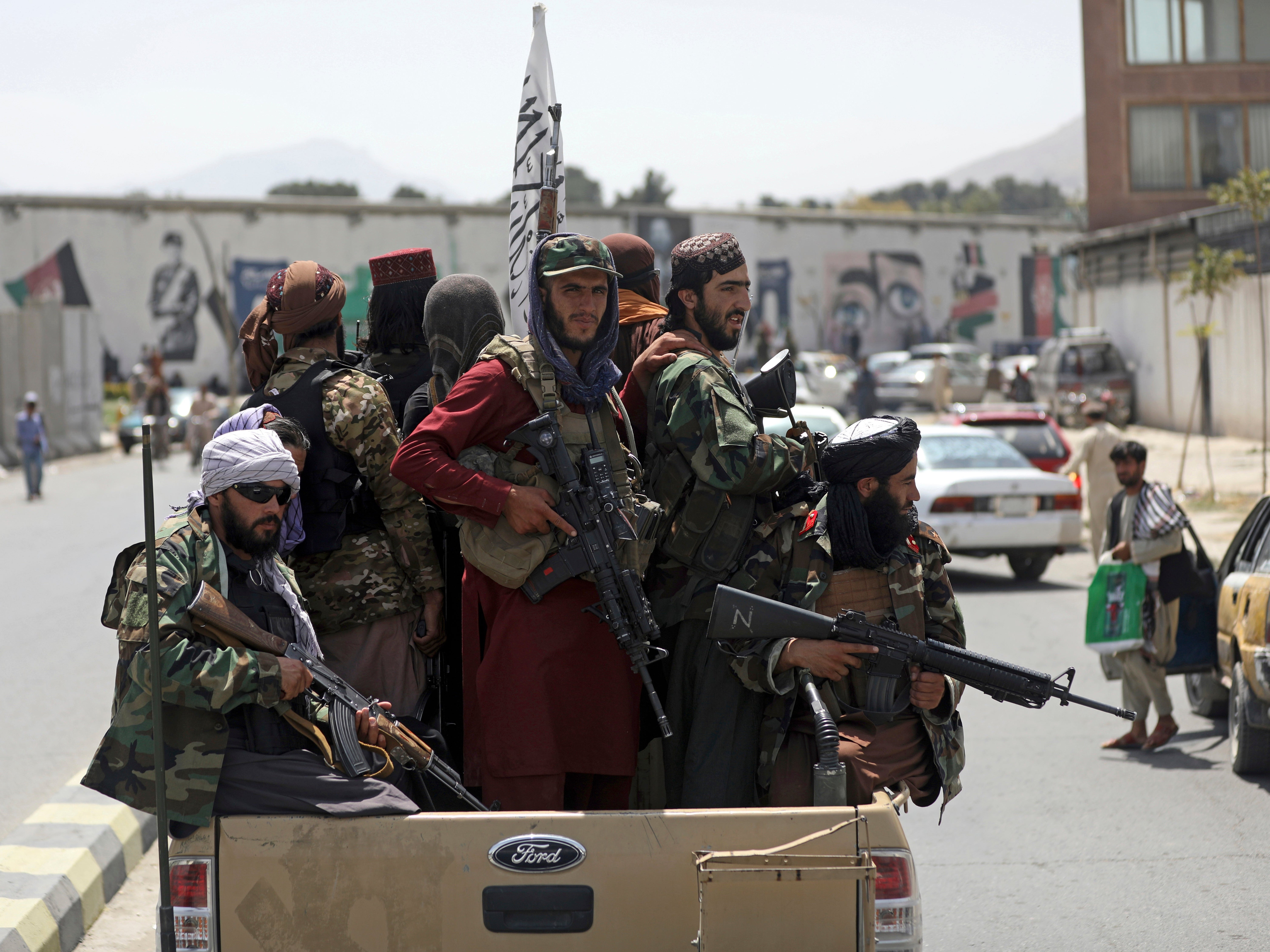 Taliban fighters patrol in Kabul, Afghanistan. Tens of thousands of people still remain in Afghanistan to be rescued and airlifted amid security and US bureaucracy hurdles