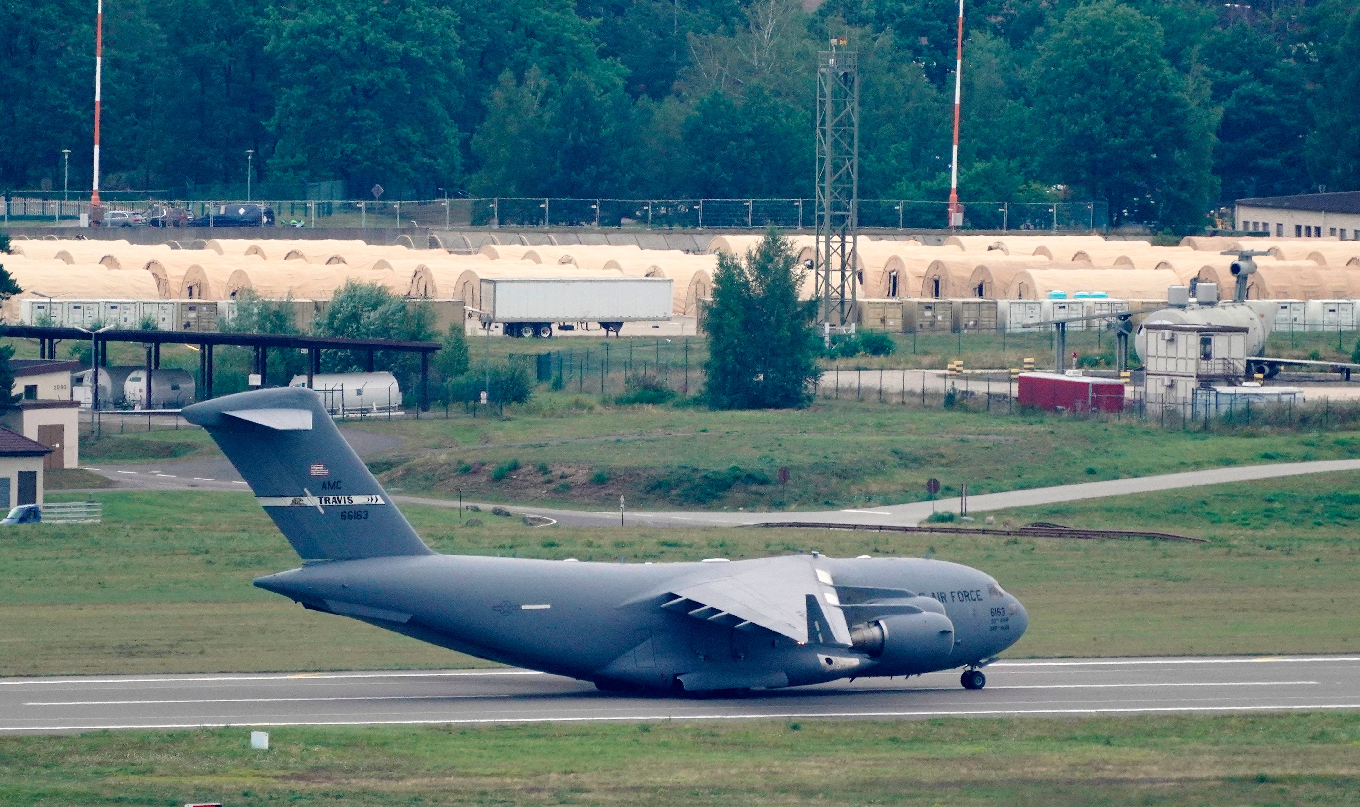 A US military aircraft takes off from Ramstein air base