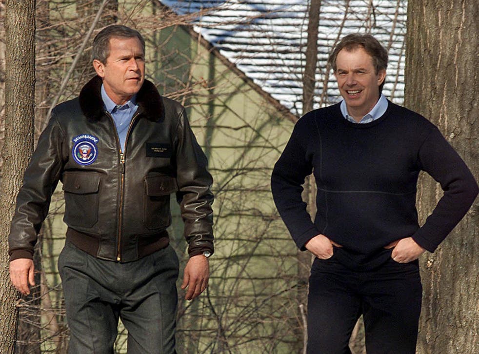 <p>George W Bush and Tony Blair at Camp David in February 2001<strong> </strong></p>