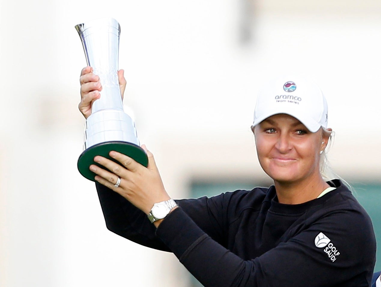 Sweden’s Anna Nordqvist with her trophy after winning the Open