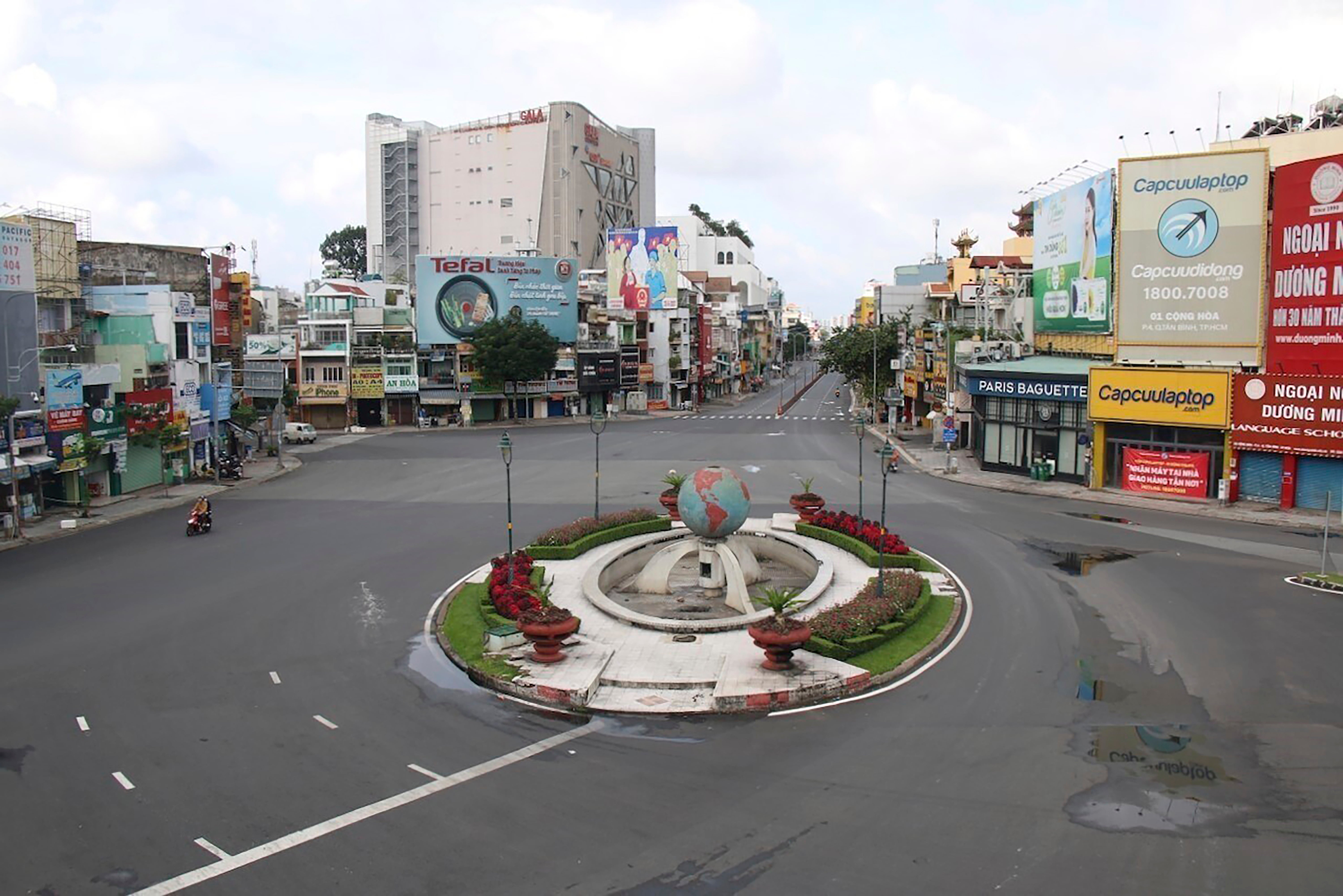 A quiet intersection in Ho Chi Minh City, Vietnam during the strict Covid-19 lockdown