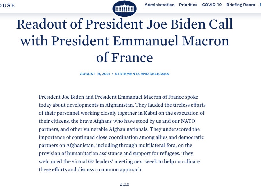 Readout of President Joe Biden’s call with French President Emmanuel Macron on crisis in Afghanistan.