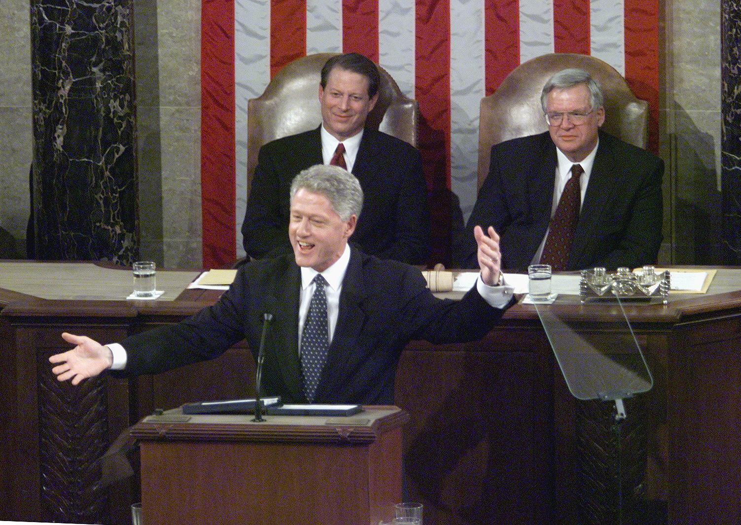 US President Bill Clinton speaks to members of Congress during his State of the Union address on Capitol Hill on 19 January 1999 in Washington, DC