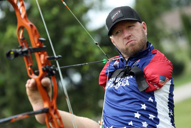 <p>Paralympic Archer Matt Stutzman trains during a session on July 14, 2020 in Fairfield, Iowa.</p>