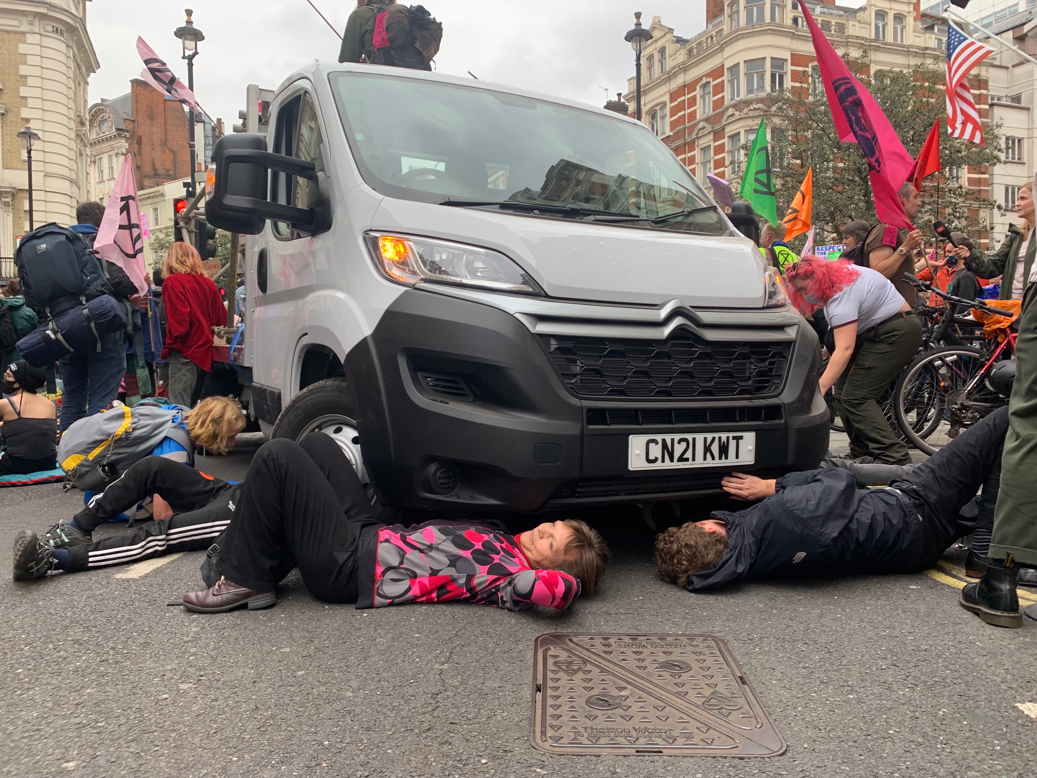 Rose, from Worcester, joins those who have chained themselves to the underside of a van