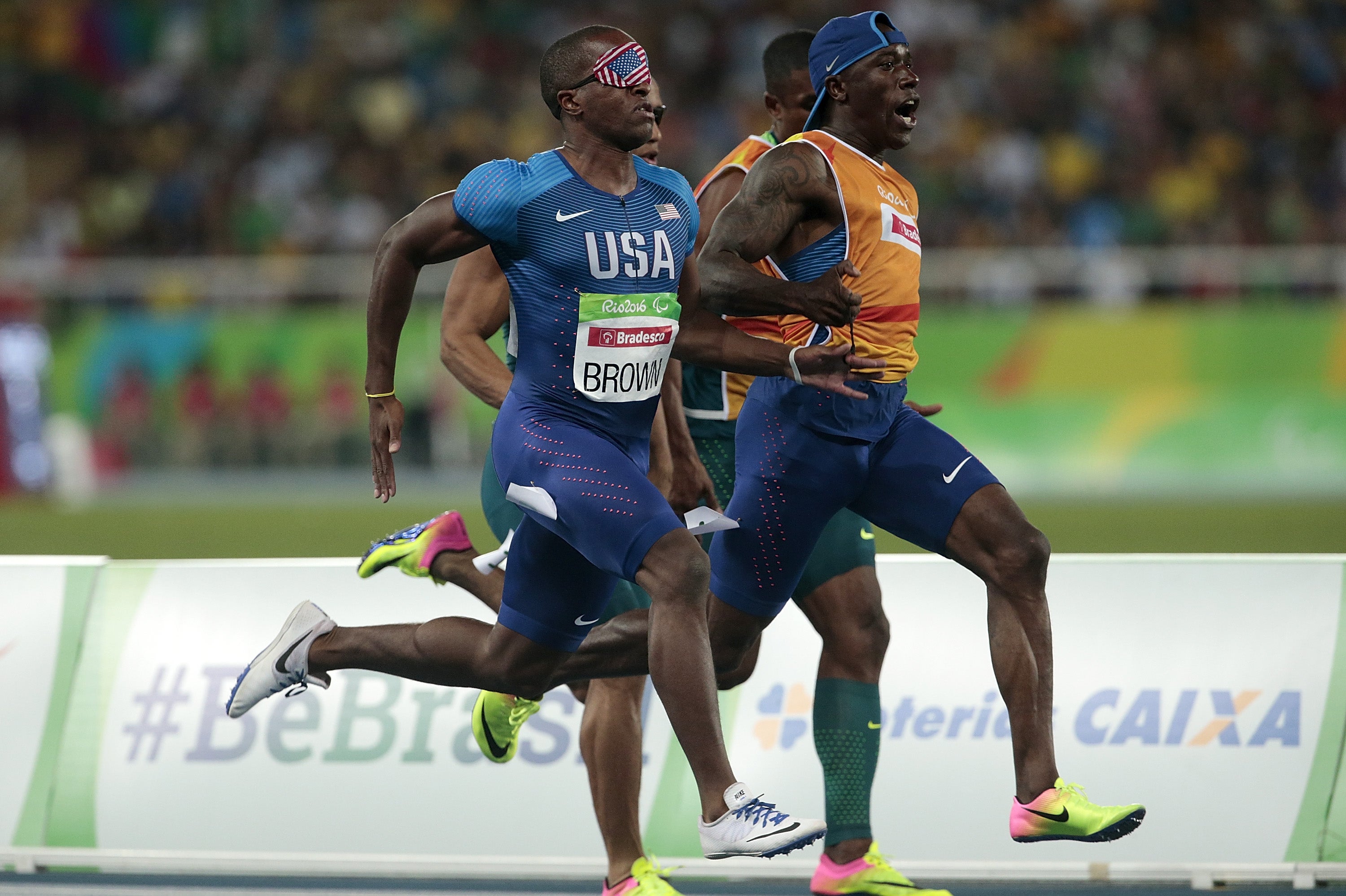 David Brown of United States competes at the Men's 100m - T11 Final during day 4 of the Rio 2016 Paralympic Games at the Olympic Stadium on 11 September 2016 in Rio de Janeiro, Brazil