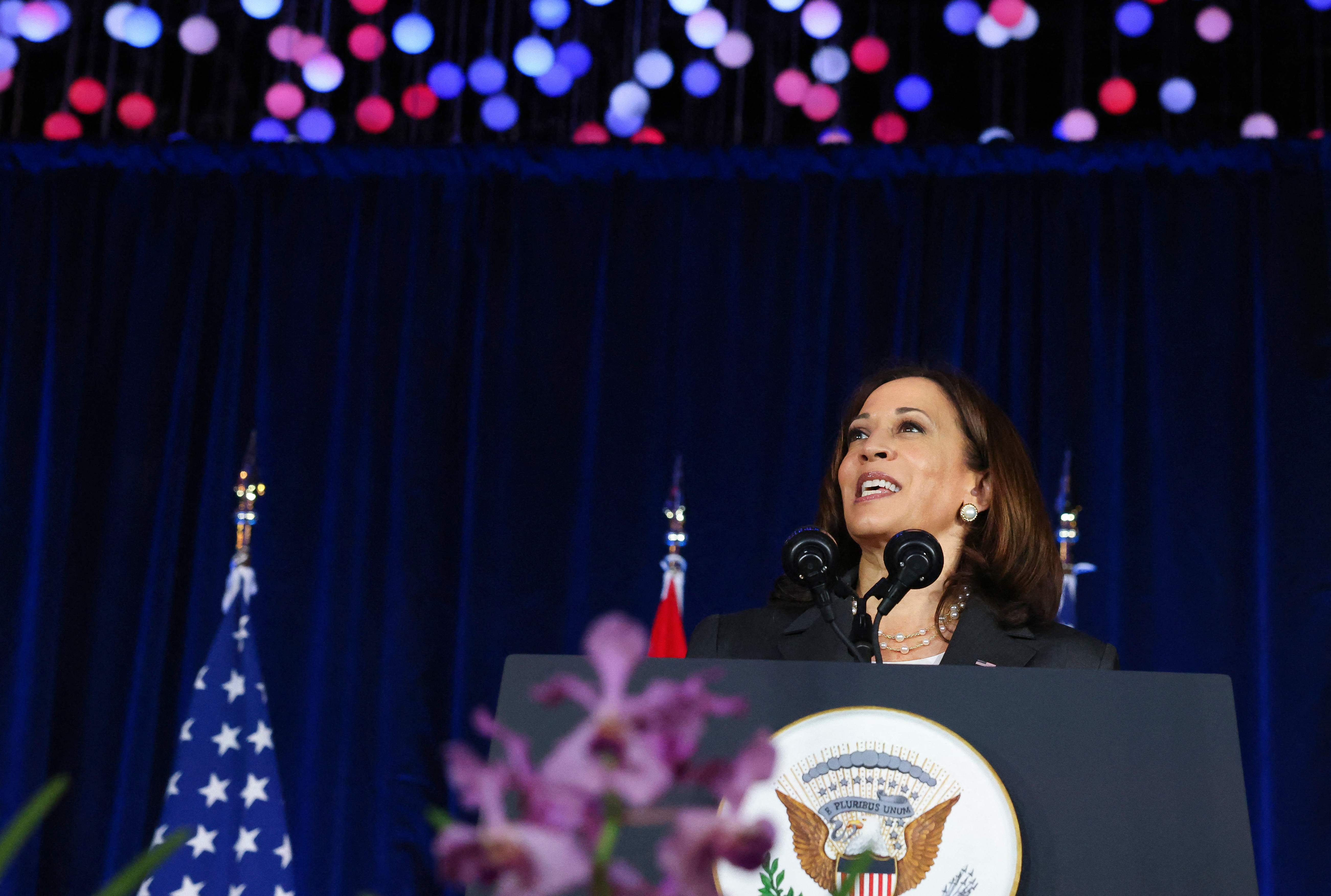 US vice president Kamala Harris delivers a speech at Gardens by the Bay in Singapore before departing for Vietnam