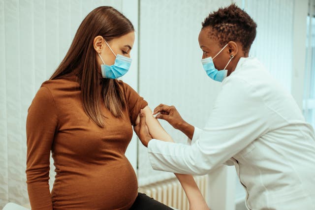<p>A pregnant woman receives Covid-19 vaccine</p>