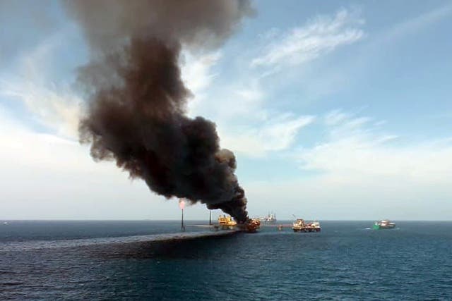 <p>The platform in the Gulf of Mexico erupted into flames during routine maintenance work</p>