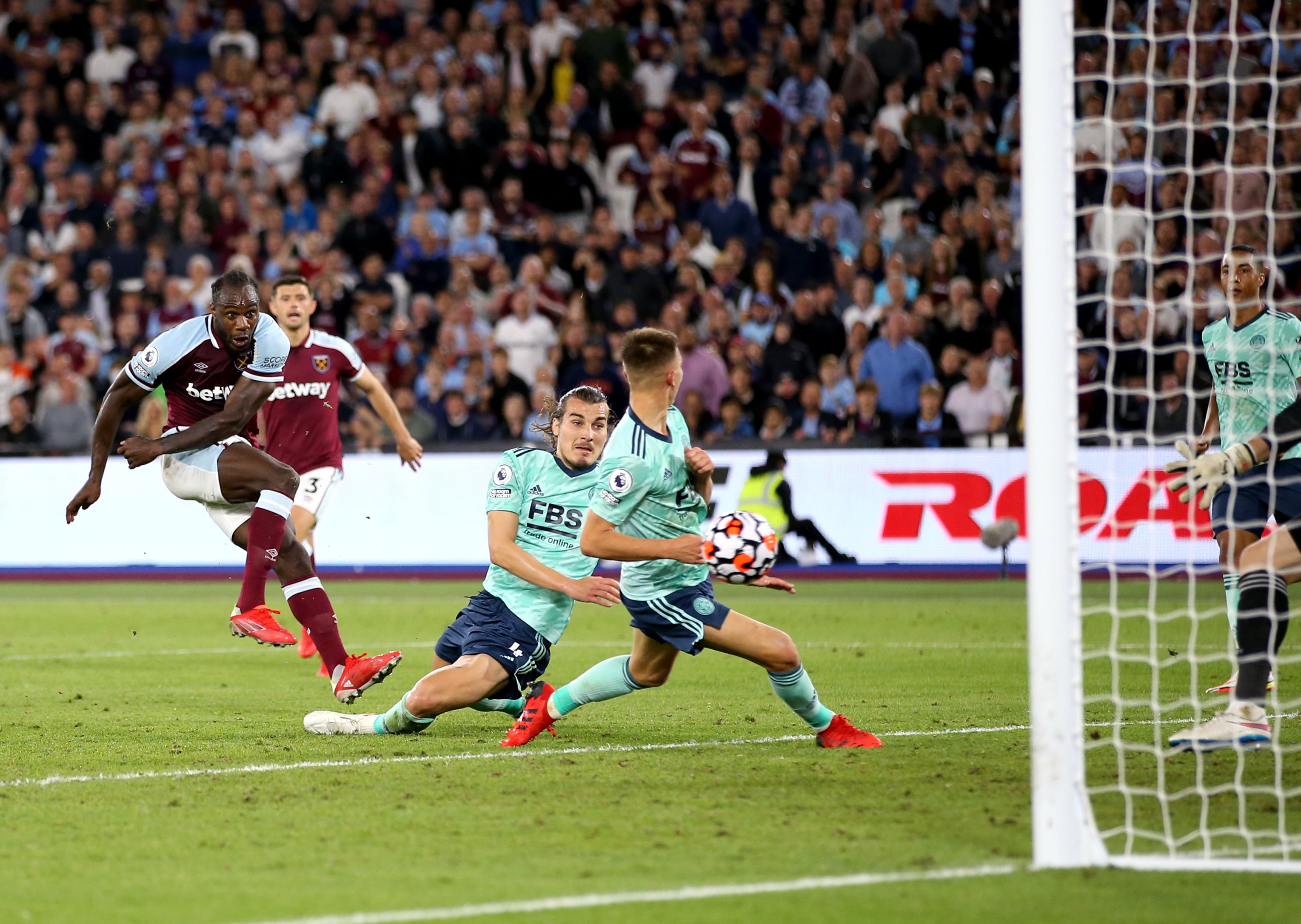 Michail Antonio scores for West Ham against Leicester (Steven Paston/PA)