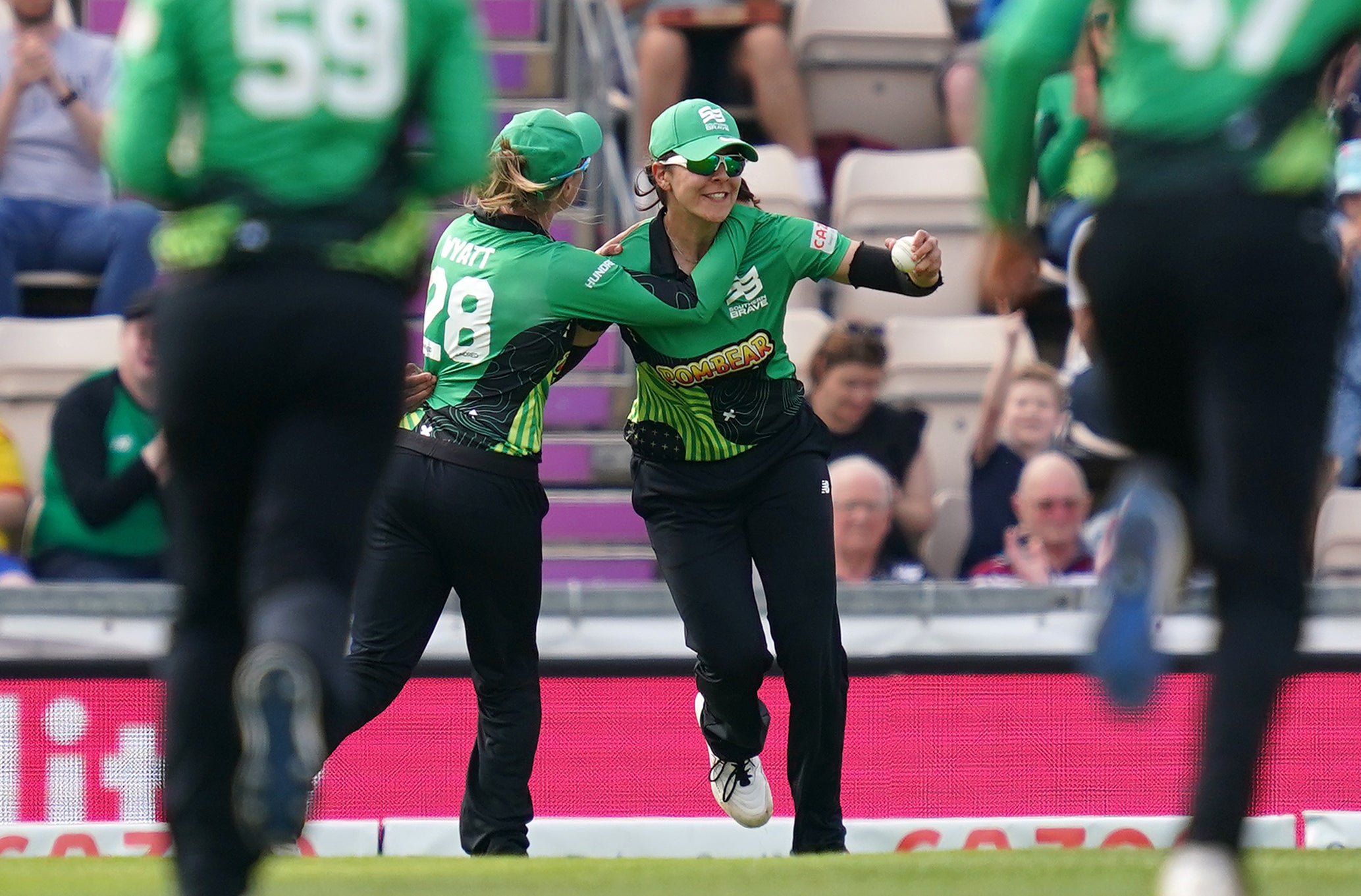 Southern Brave’s Maia Bouchier (right) celebrates catching Oval Invincibles’ Georgia Adams during The Hundred match at The Ageas Bowl, Southampton. Picture date: Monday August 16, 2021.
