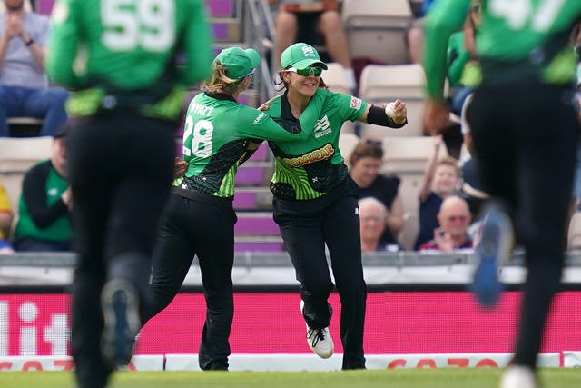 Southern Brave’s Maia Bouchier (right) celebrates catching Oval Invincibles’ Georgia Adams during The Hundred match at The Ageas Bowl, Southampton. Picture date: Monday August 16, 2021.
