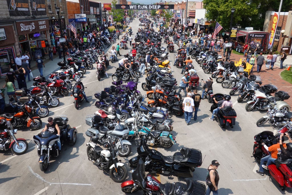 Motorcycle enthusiasts attend the 81st annual Sturgis Motorcycle Rally on 8 August, 2021