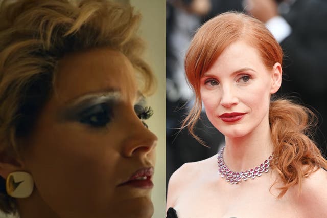 <p>Jessica Chastain (pictured right at the Cannes Film Festival on 6 July 2021) portrays Tammy Faye in a forthcoming biopic (left)</p>