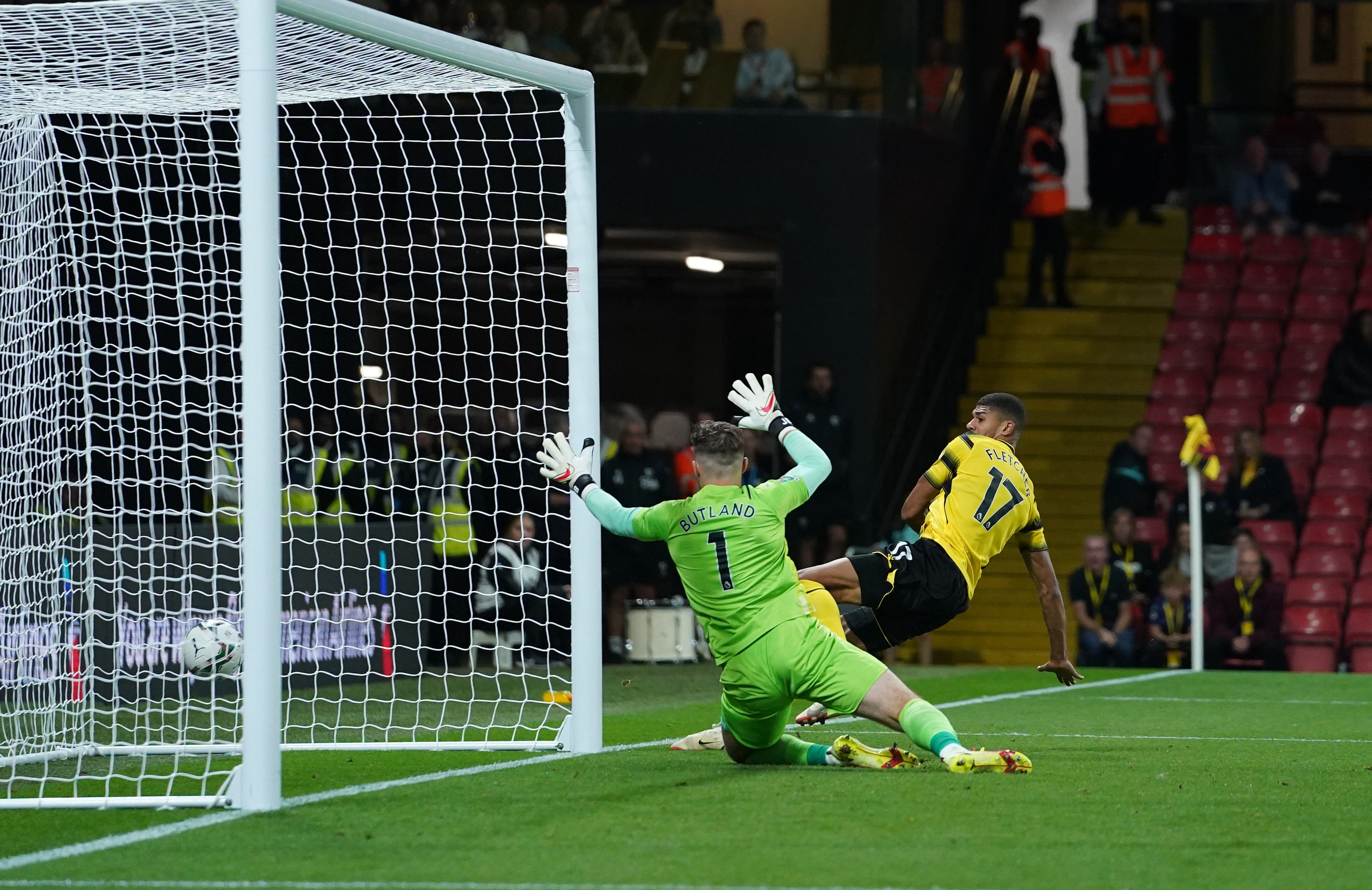 Watford’s Ashley Fletcher (right) scores the winner against Crystal Palace (Tess Derry/PA)