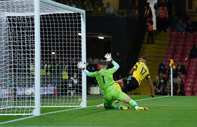 Watford’s Ashley Fletcher (right) scores the winner against Crystal Palace (Tess Derry/PA)