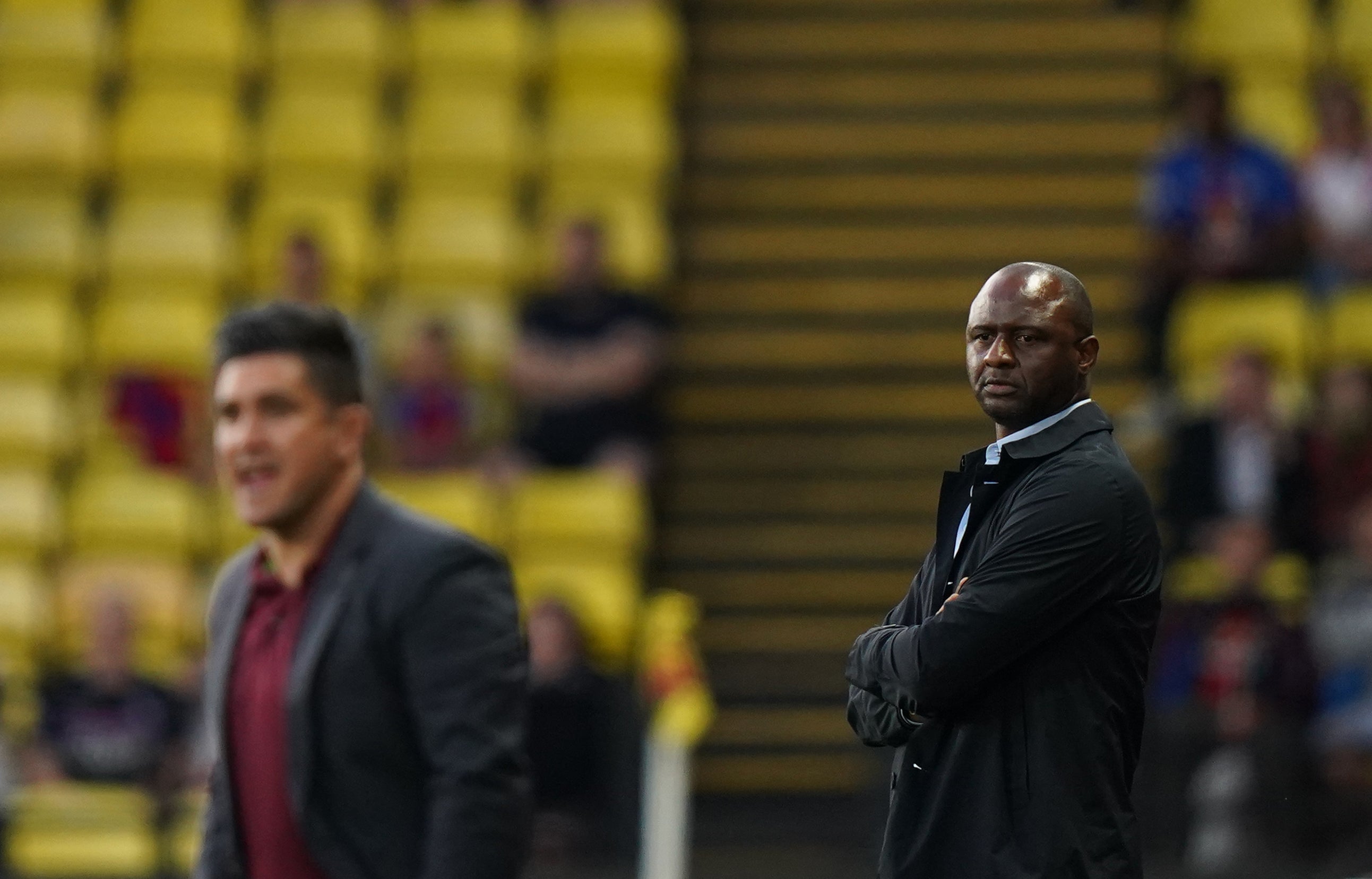 Crystal Palace boss Patrick Vieira (right) saw his team lose 1-0 at Watford in the Carabao Cup (Tess Derry/PA)