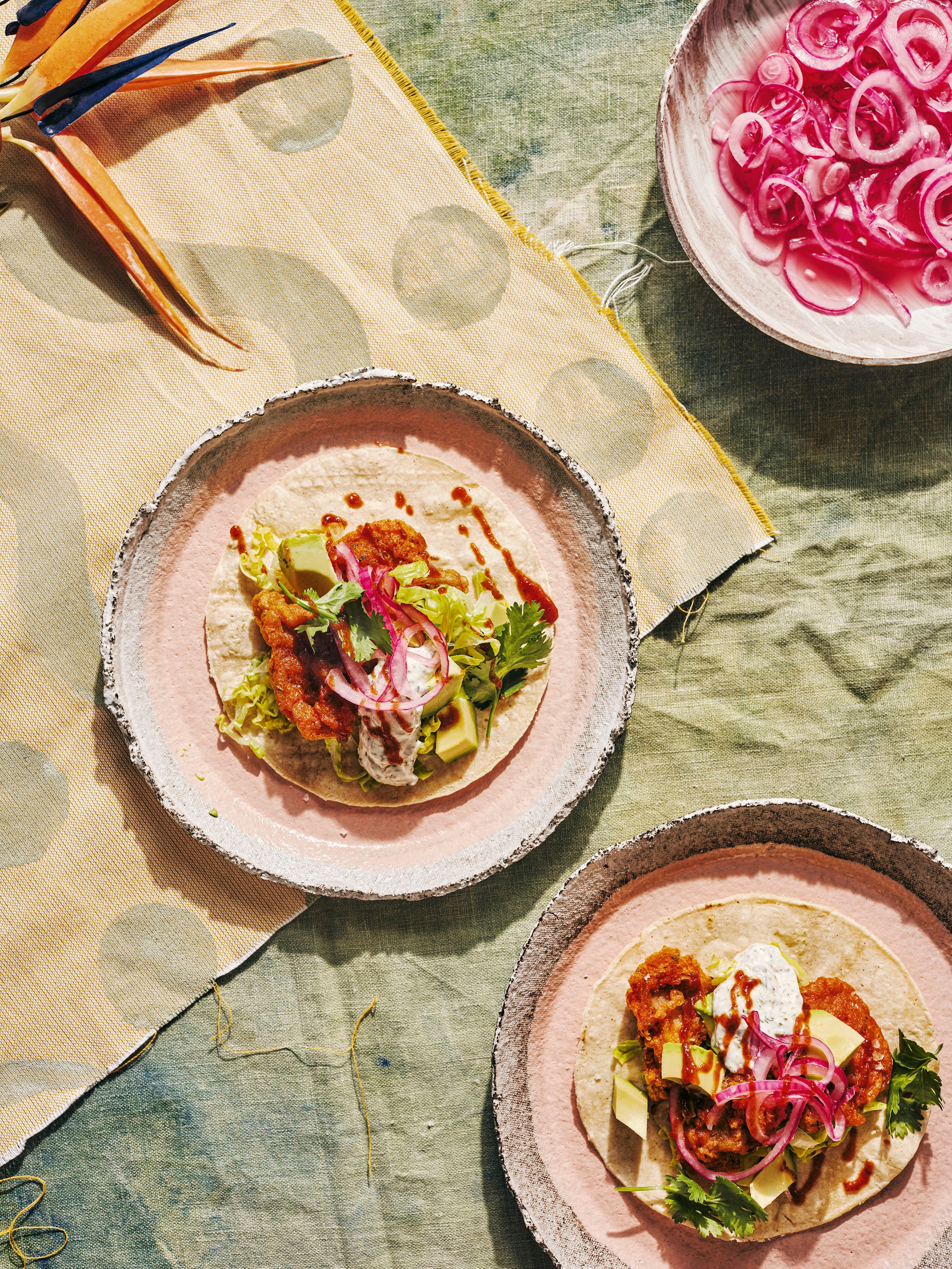 Cajun tacos with pickled red onion and tartare sauce