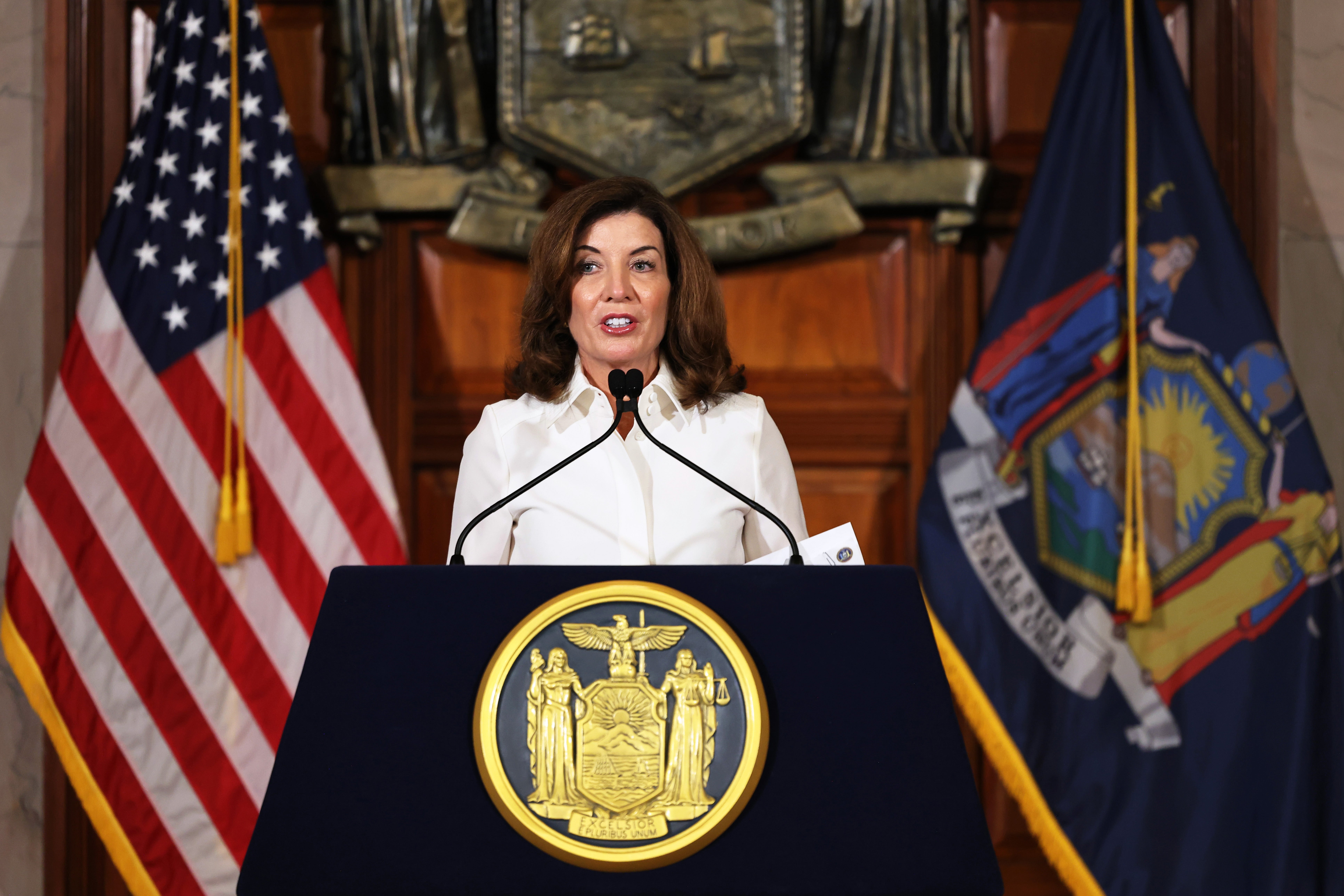New York governor Kathy Hochul speaks after taking her ceremonial oath of office at the New York State Capitol on 24 August 2021 in Albany, New York