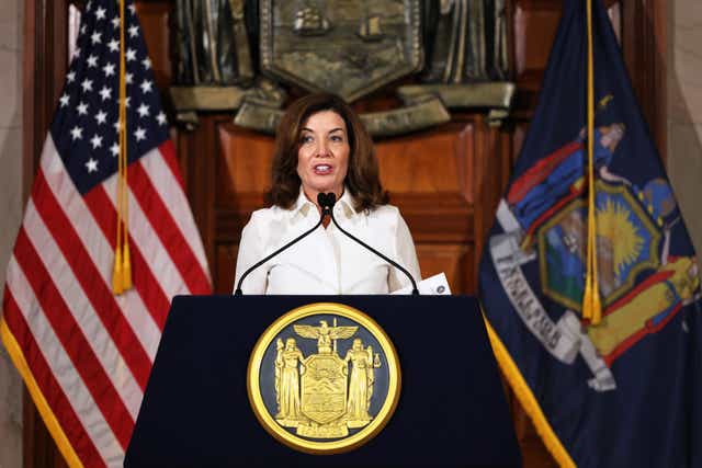 <p>New York governor Kathy Hochul speaks after taking her ceremonial oath of office at the New York State Capitol on 24 August 2021 in Albany, New York</p>