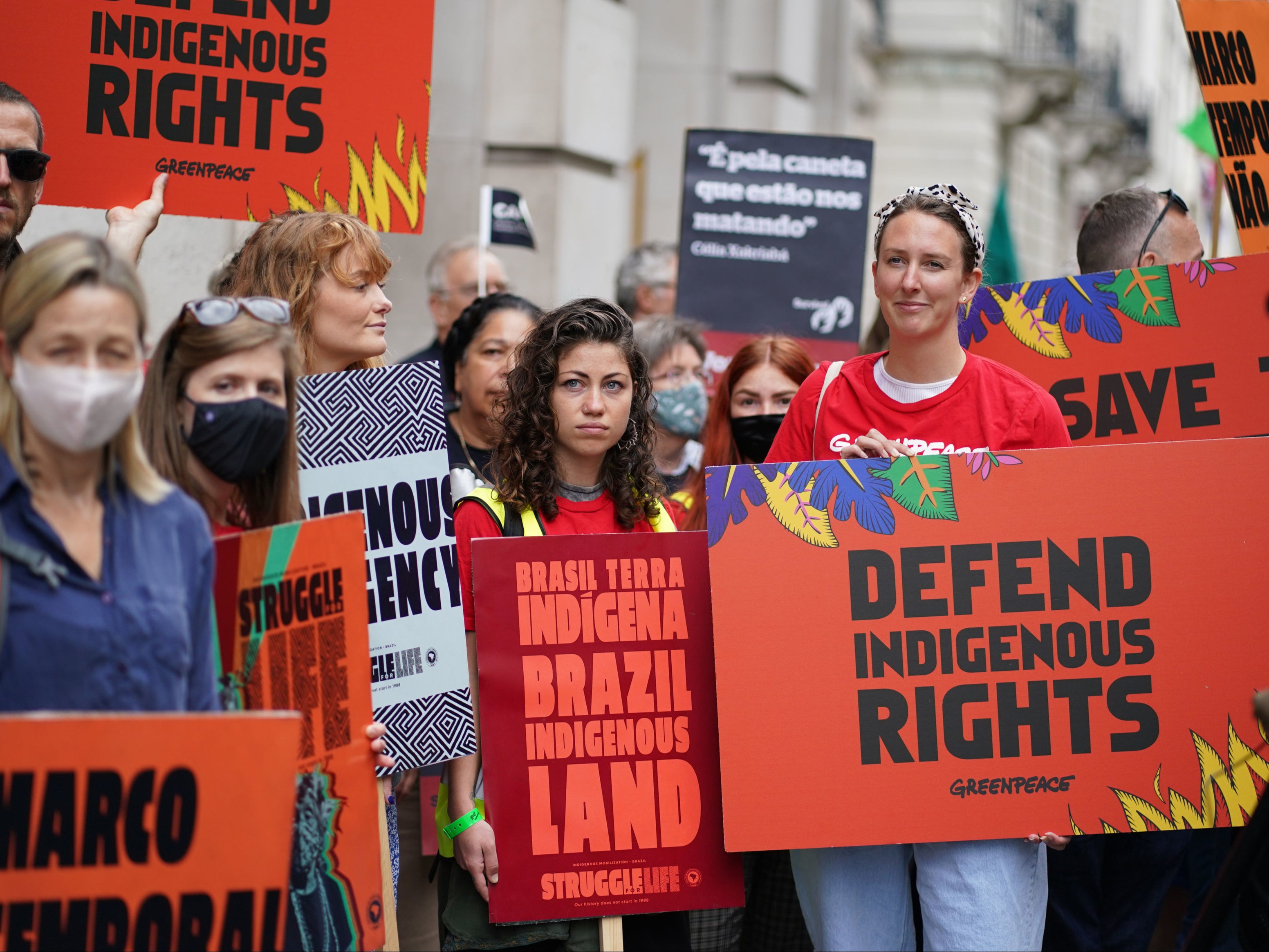 Demonstrators during a protest calling for an end to ‘the genocidal attacks being waged against Brazil’s indigenous peoples’ at the Brazilian Embassy