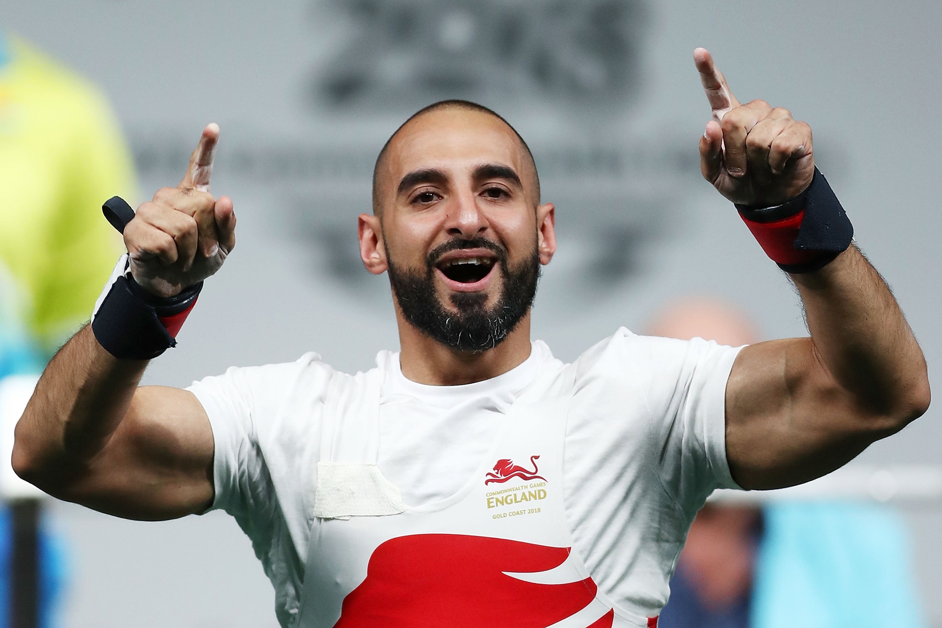 Ali Jawad of England celebrates a lift in the Men’s Lightweight Final at the Gold Coast 2018 Commonwealth Games