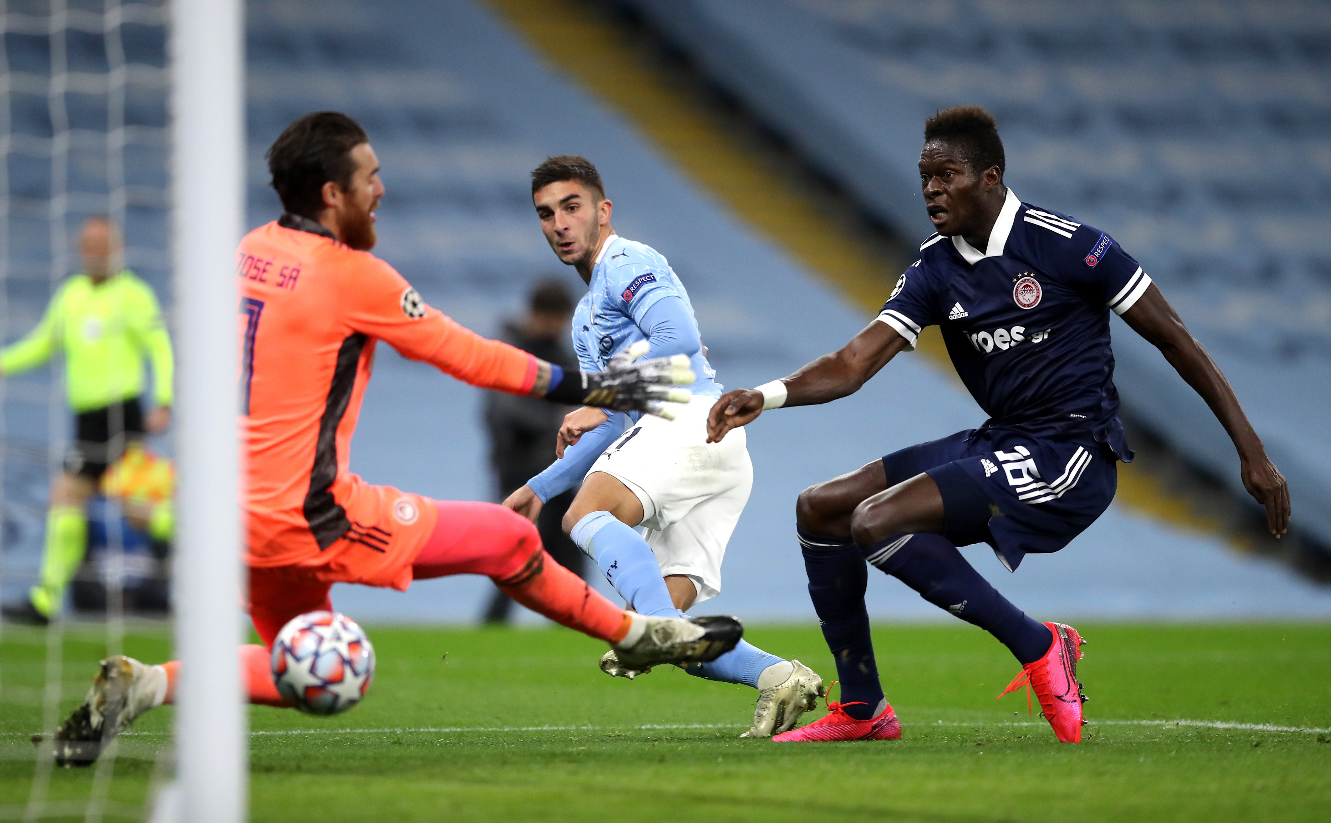 Ferran Torres, centre, finds the net for Manchester City (Martin Rickett/PA)