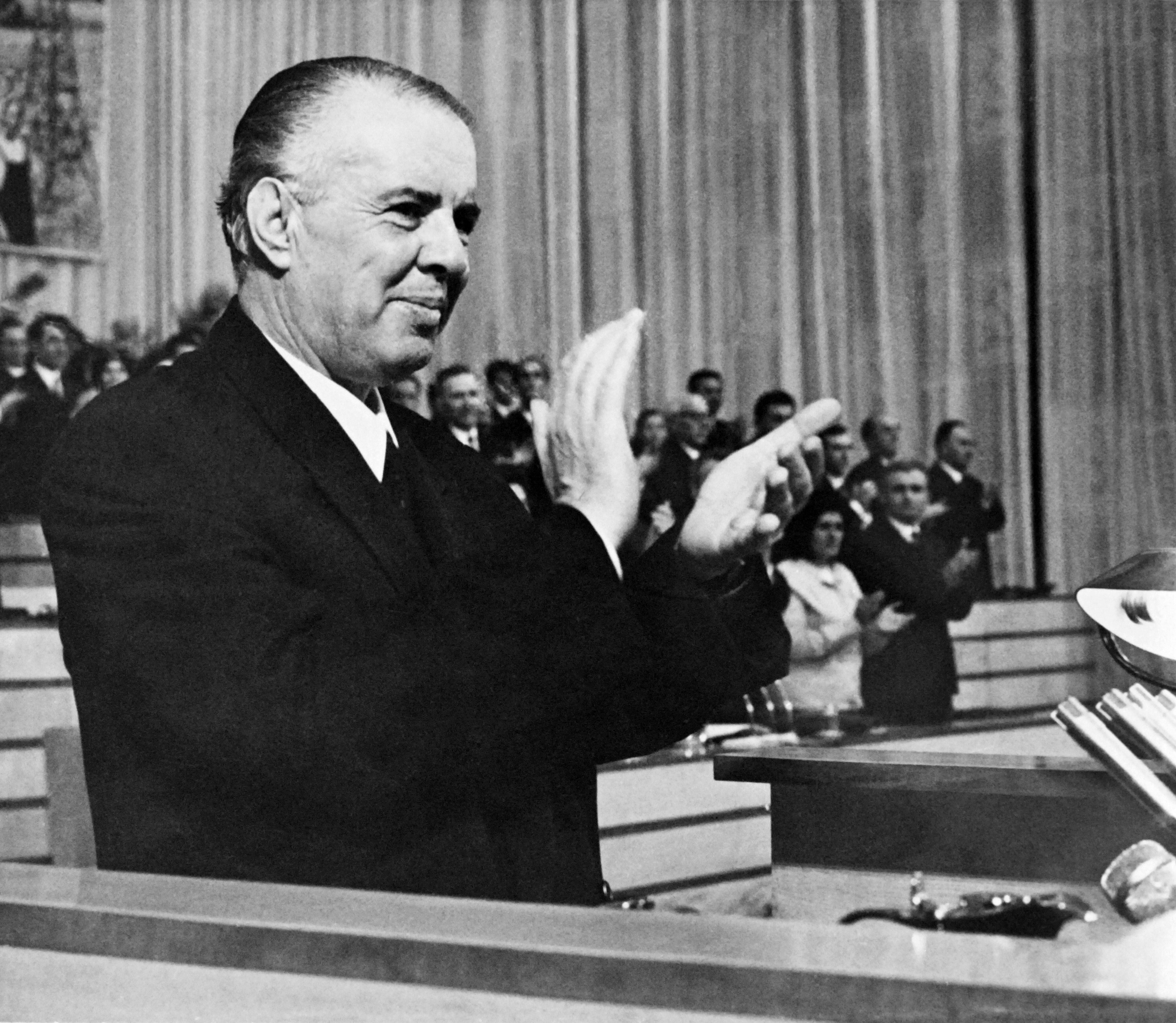 Enver Hoxha during a political meeting