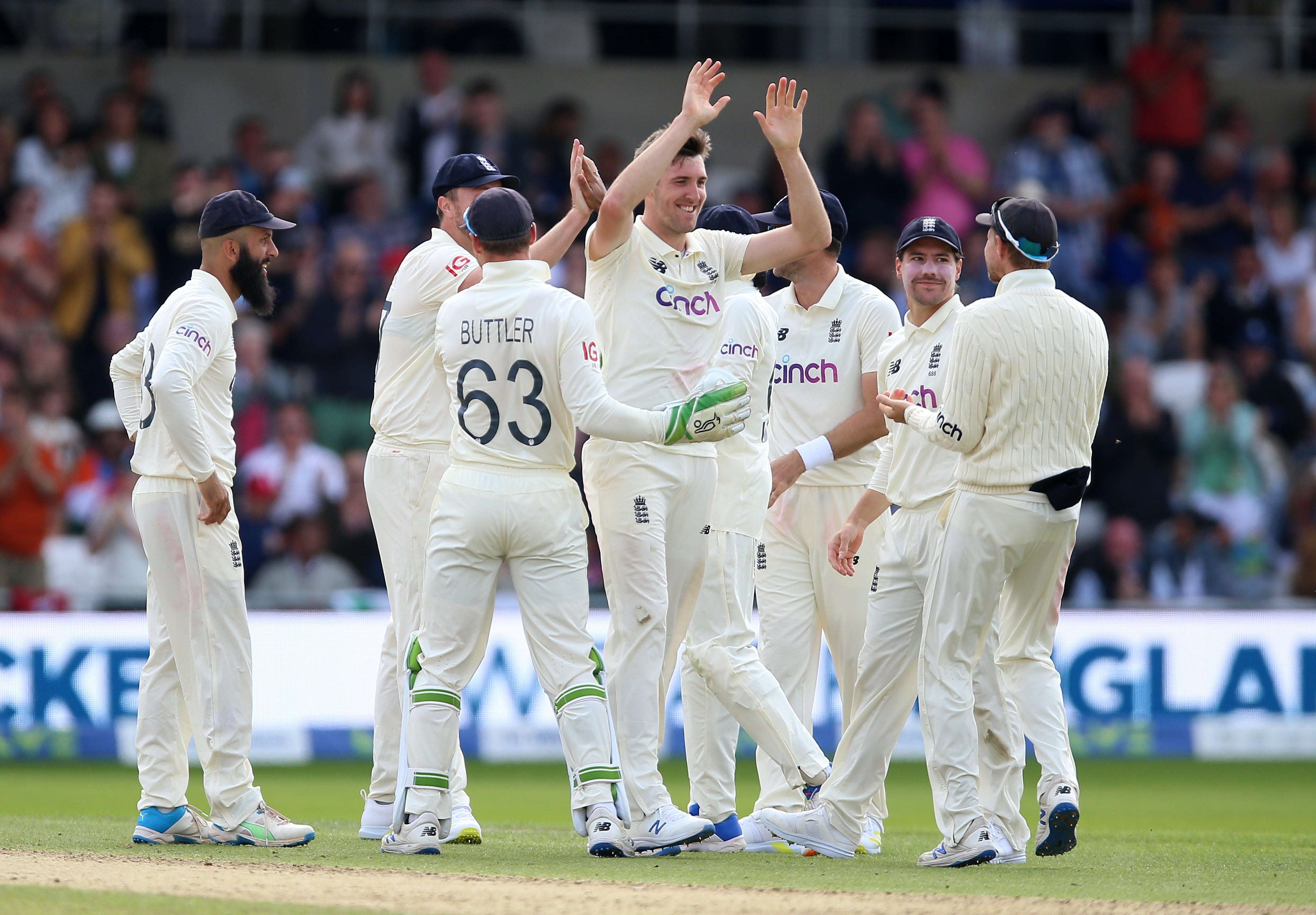 England celebrate the wicket of Rohit Sharma (Nigel French/PA)