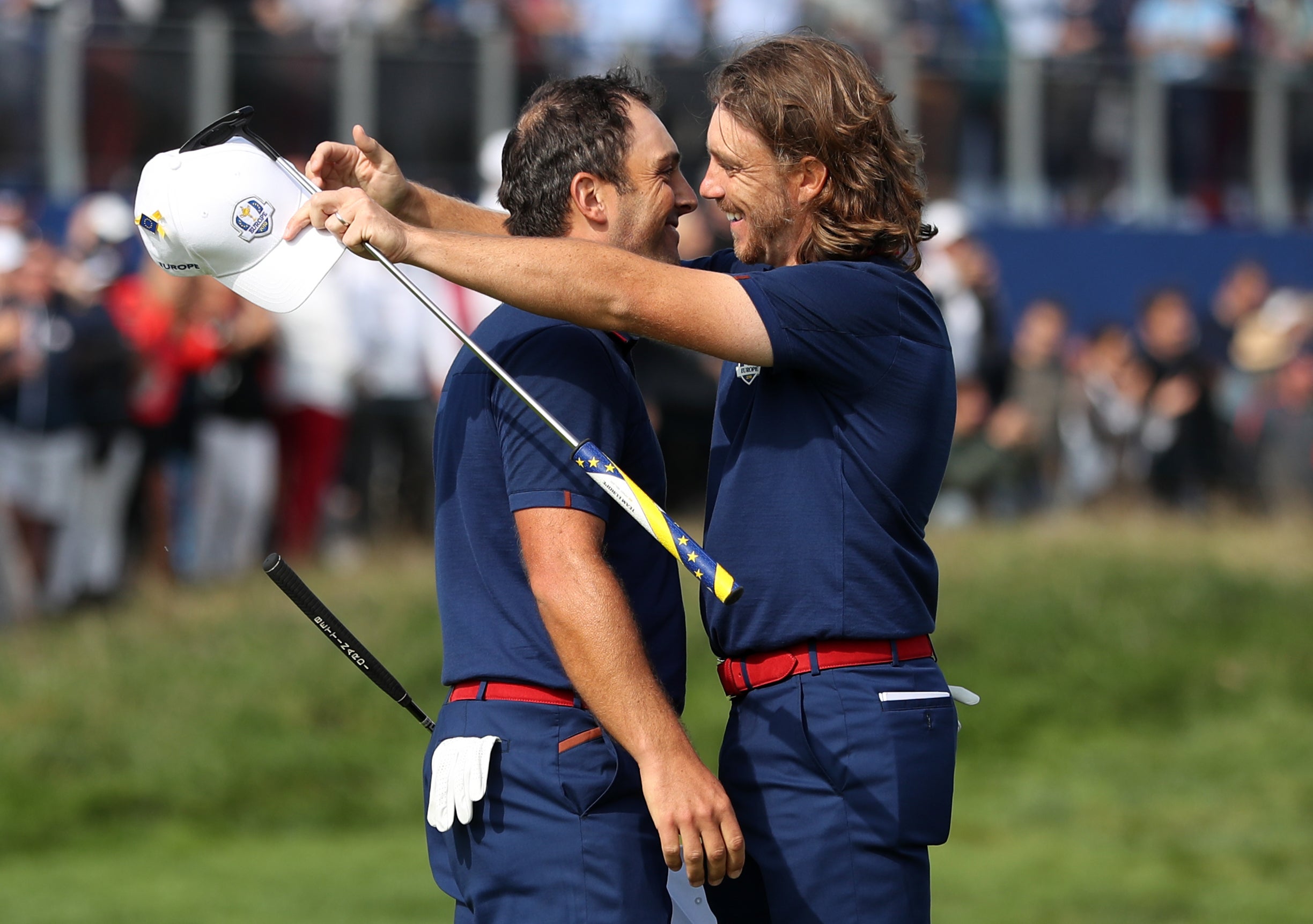 Francesco Molinari (left) and Tommy Fleetwood celebrate victory on day one of the Ryder Cup at Le Golf National (David Davies/PA)