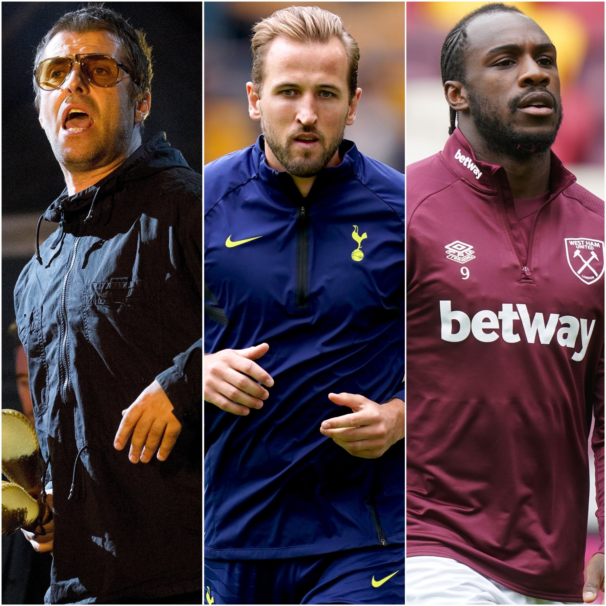 Liam Gallagher, Harry Kane and Michail Antonio (Isabel Infantes/David Davies/Tess Derry/PA)